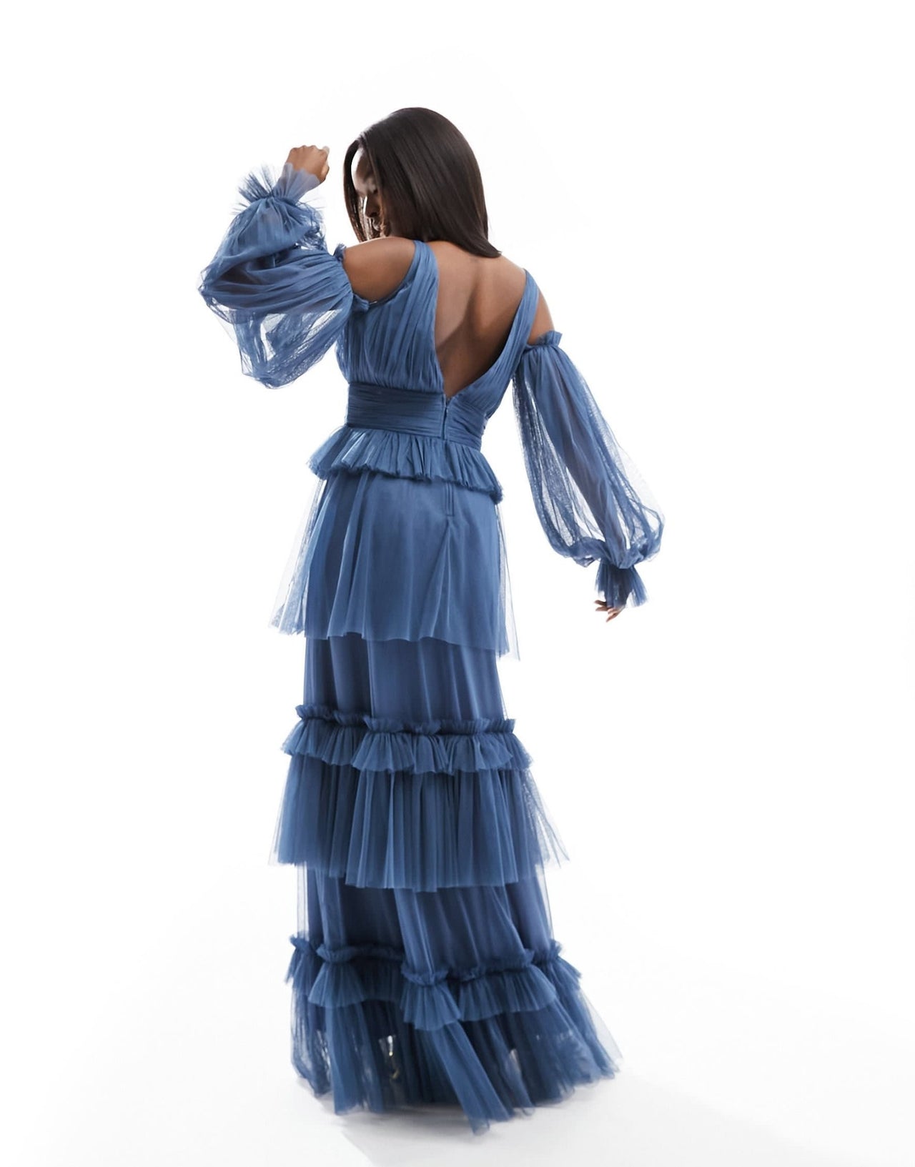 Lace & Beads sheer sleeve tulle tiered maxi dress in blue - ASOS Sample Sale EU Store