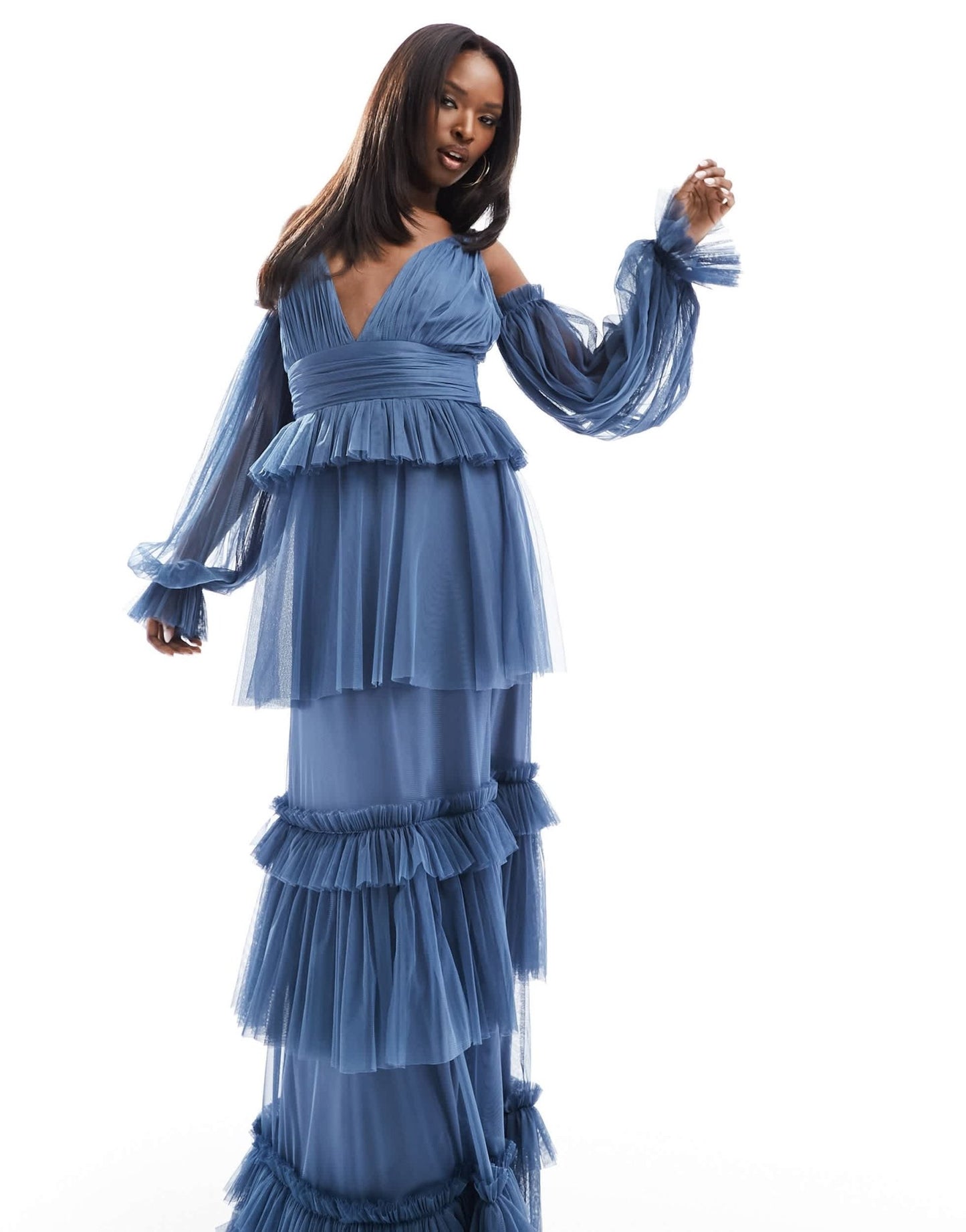 Lace & Beads sheer sleeve tulle tiered maxi dress in blue - ASOS Sample Sale EU Store