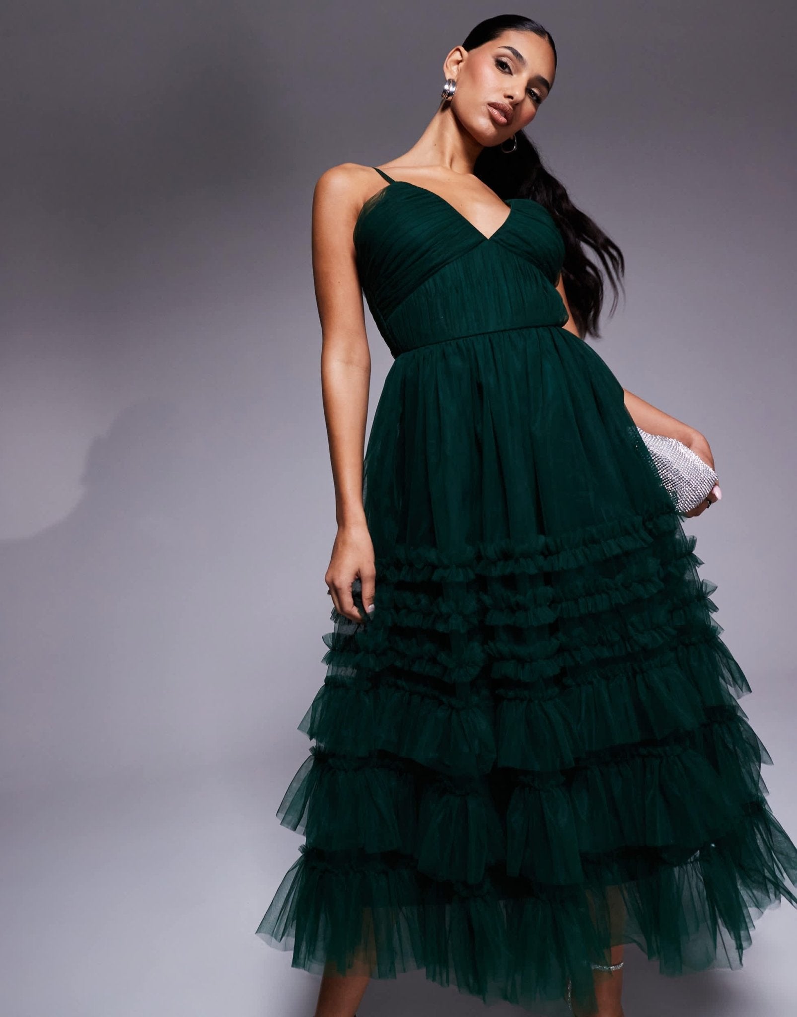 Lace & Beads tiered ruffle midaxi dress in forest green - ASOS Sample Sale EU Store