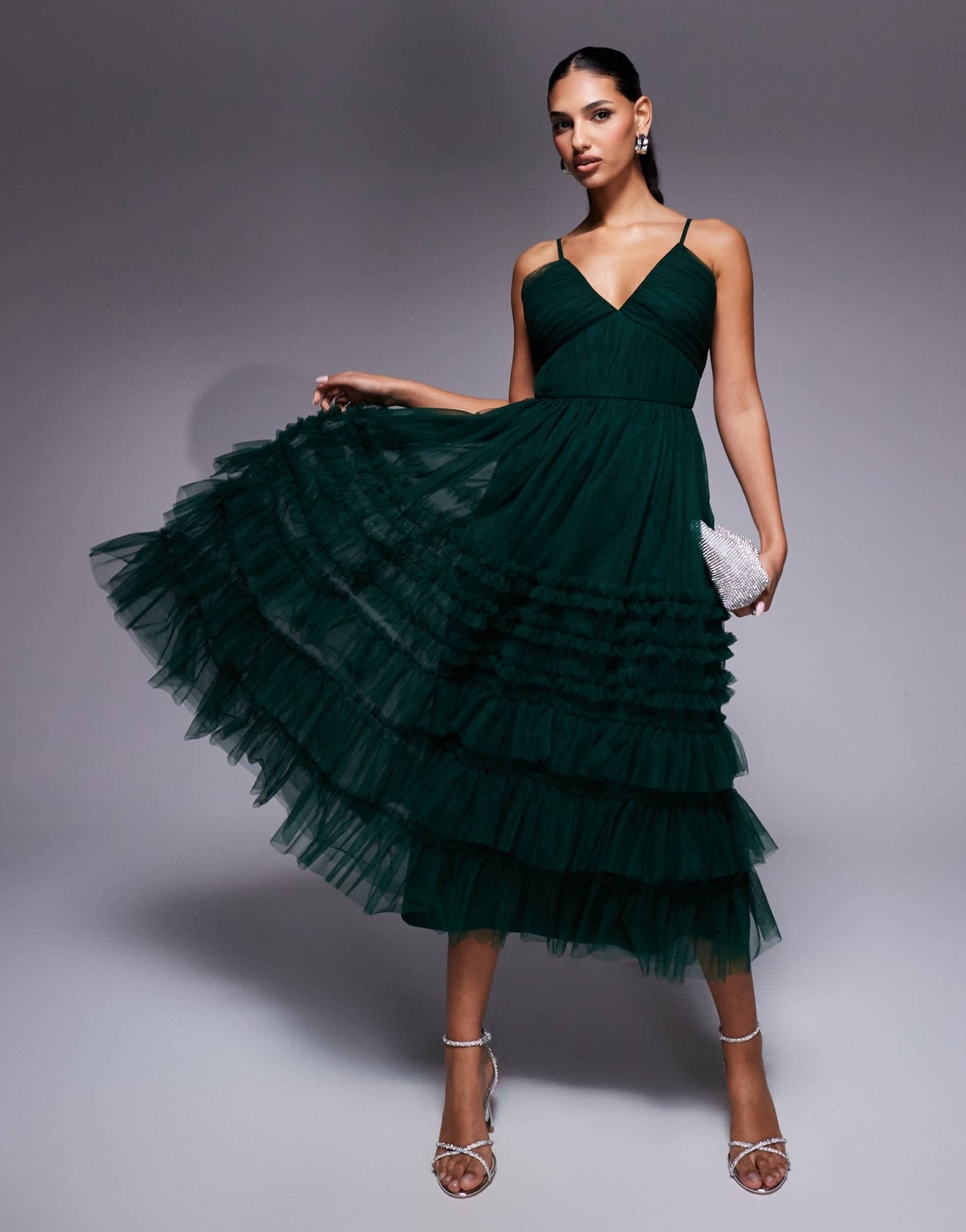 Lace & Beads tiered ruffle midaxi dress in forest green - ASOS Sample Sale EU Store