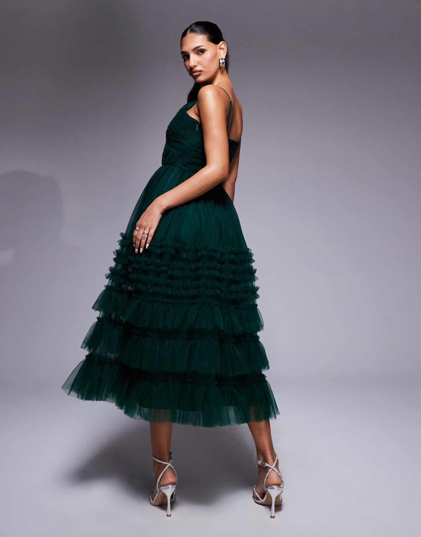 Lace & Beads tiered ruffle midaxi dress in forest green - ASOS Sample Sale EU Store