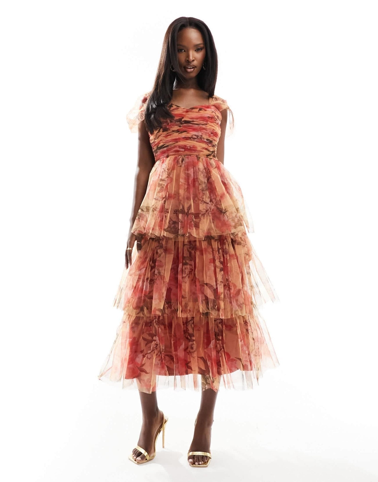 Lace & Beads tiered tulle midi dress in abstract print - ASOS Sample Sale EU Store