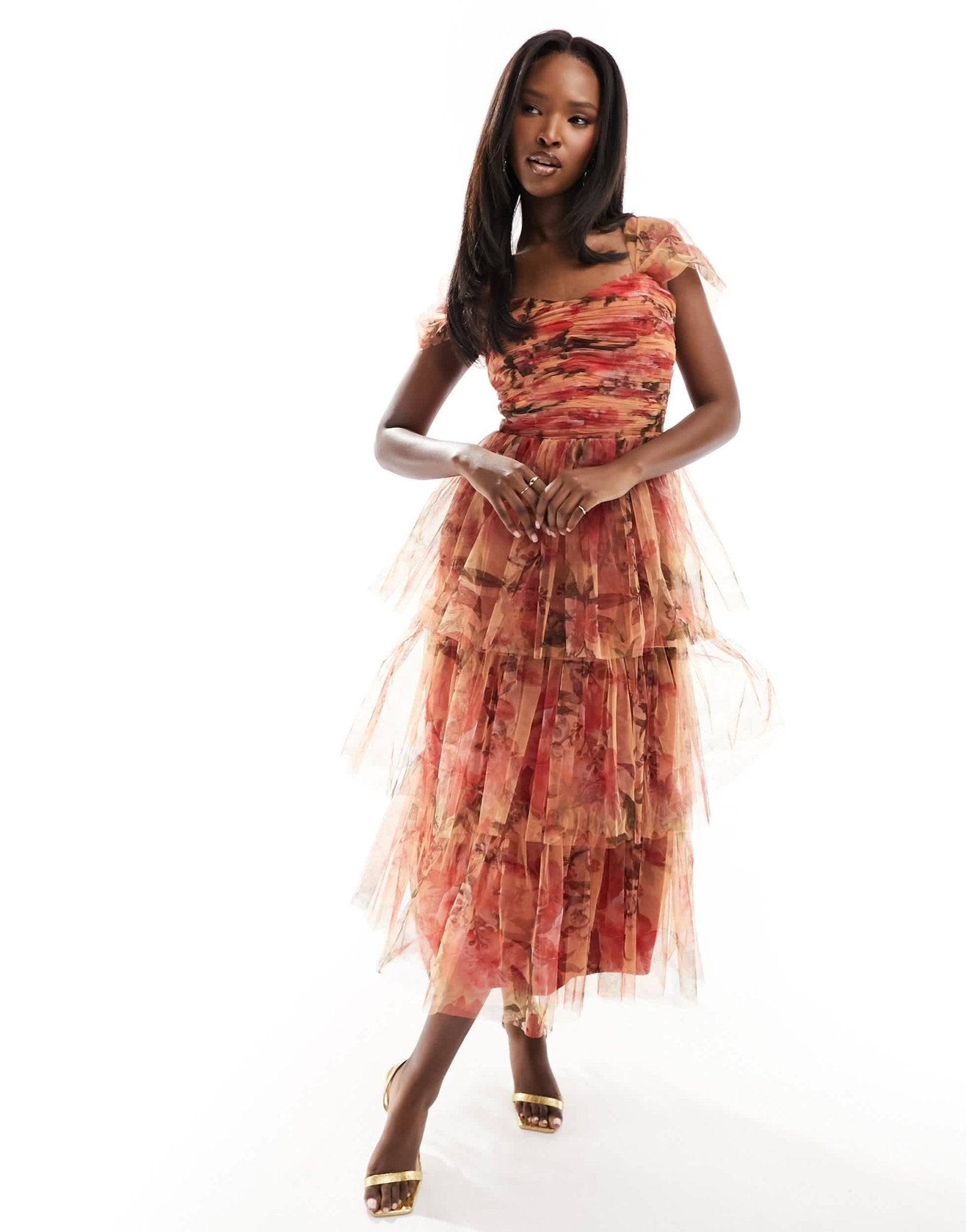 Lace & Beads tiered tulle midi dress in abstract print - ASOS Sample Sale EU Store