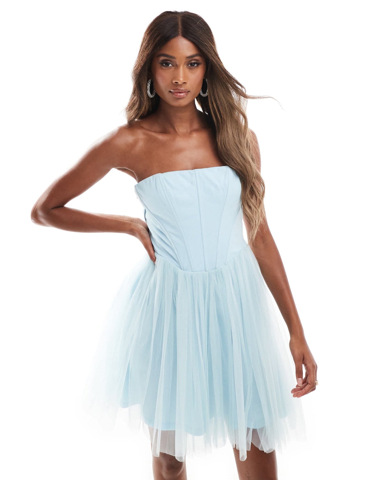 Lace & Beads tulle corset mini dress with drop hem in blue - ASOS Sample Sale EU Store