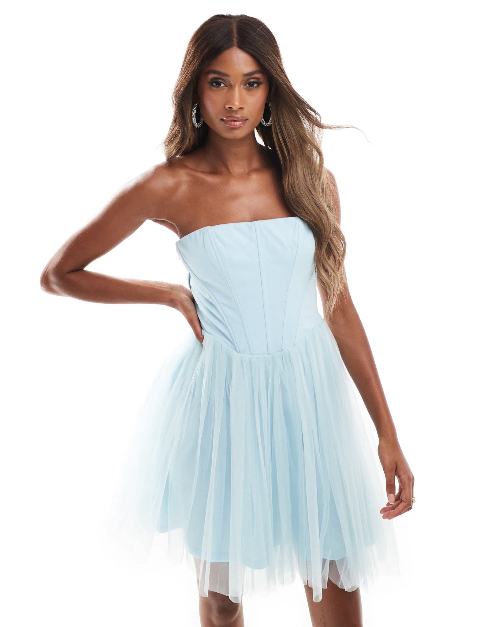 Lace & Beads tulle corset mini dress with drop hem in blue - ASOS Sample Sale EU Store
