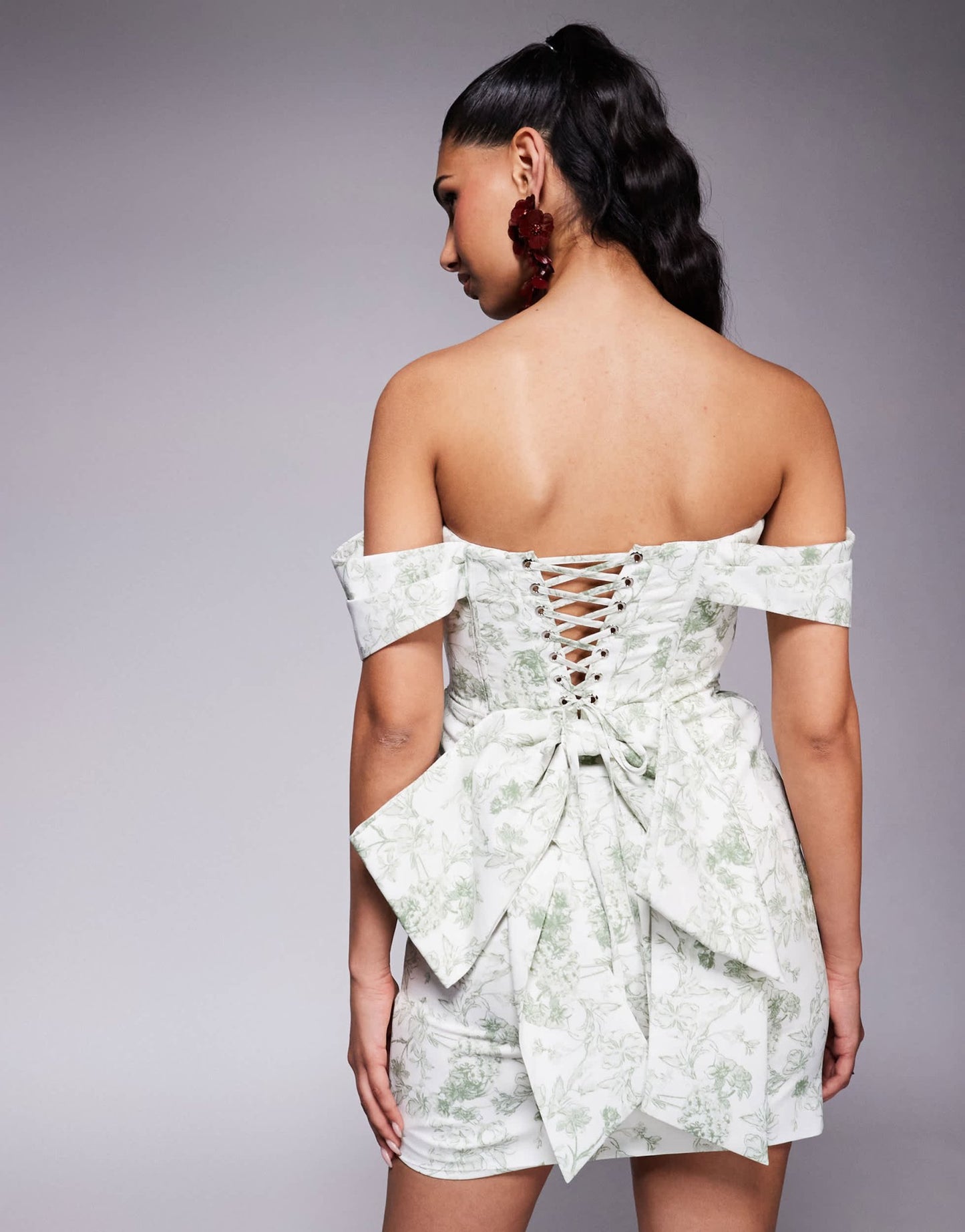 Lavish Alice off shoulder lace up mini dress in green print - ASOS Sample Sale EU Store