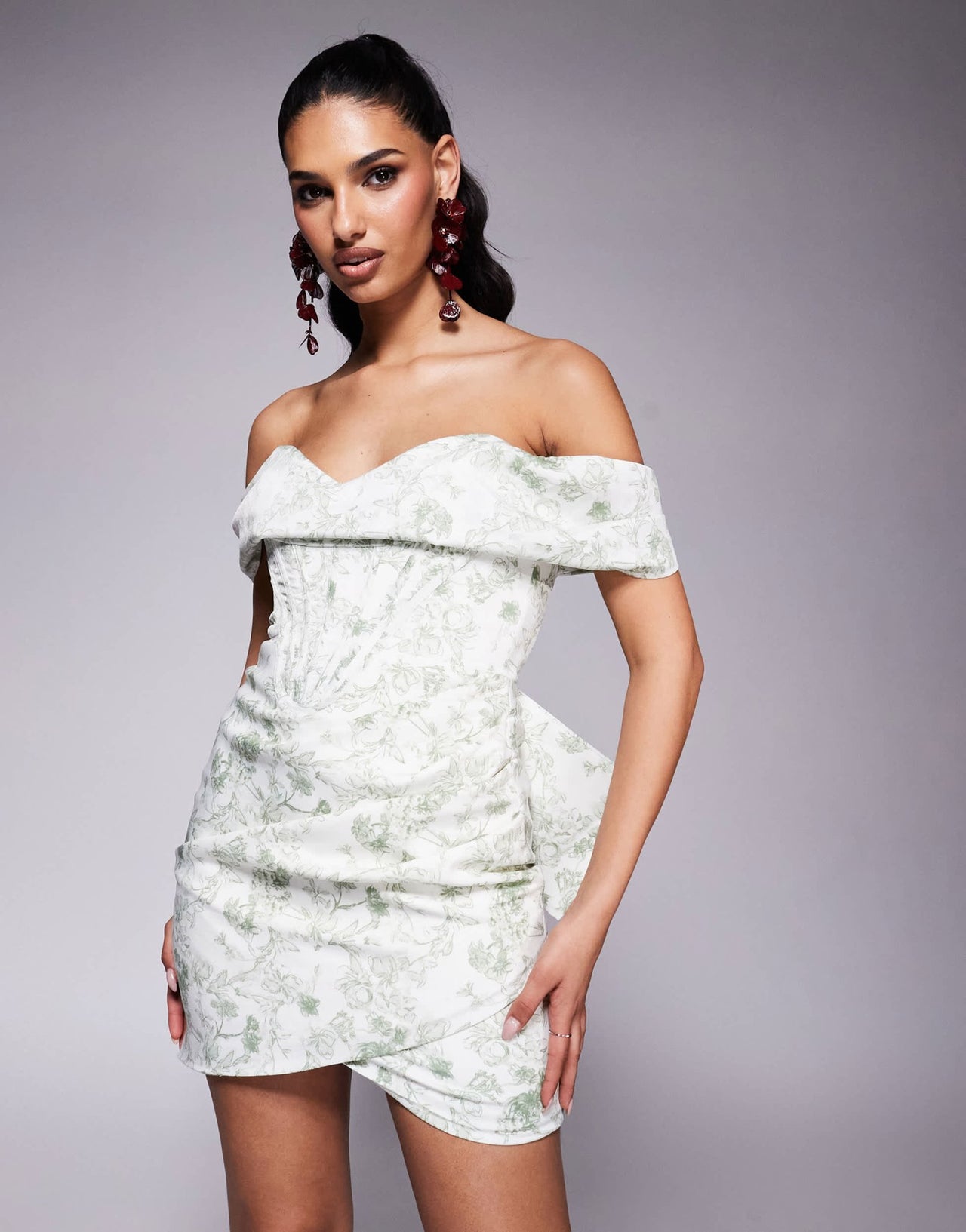 Lavish Alice off shoulder lace up mini dress in green print - ASOS Sample Sale EU Store