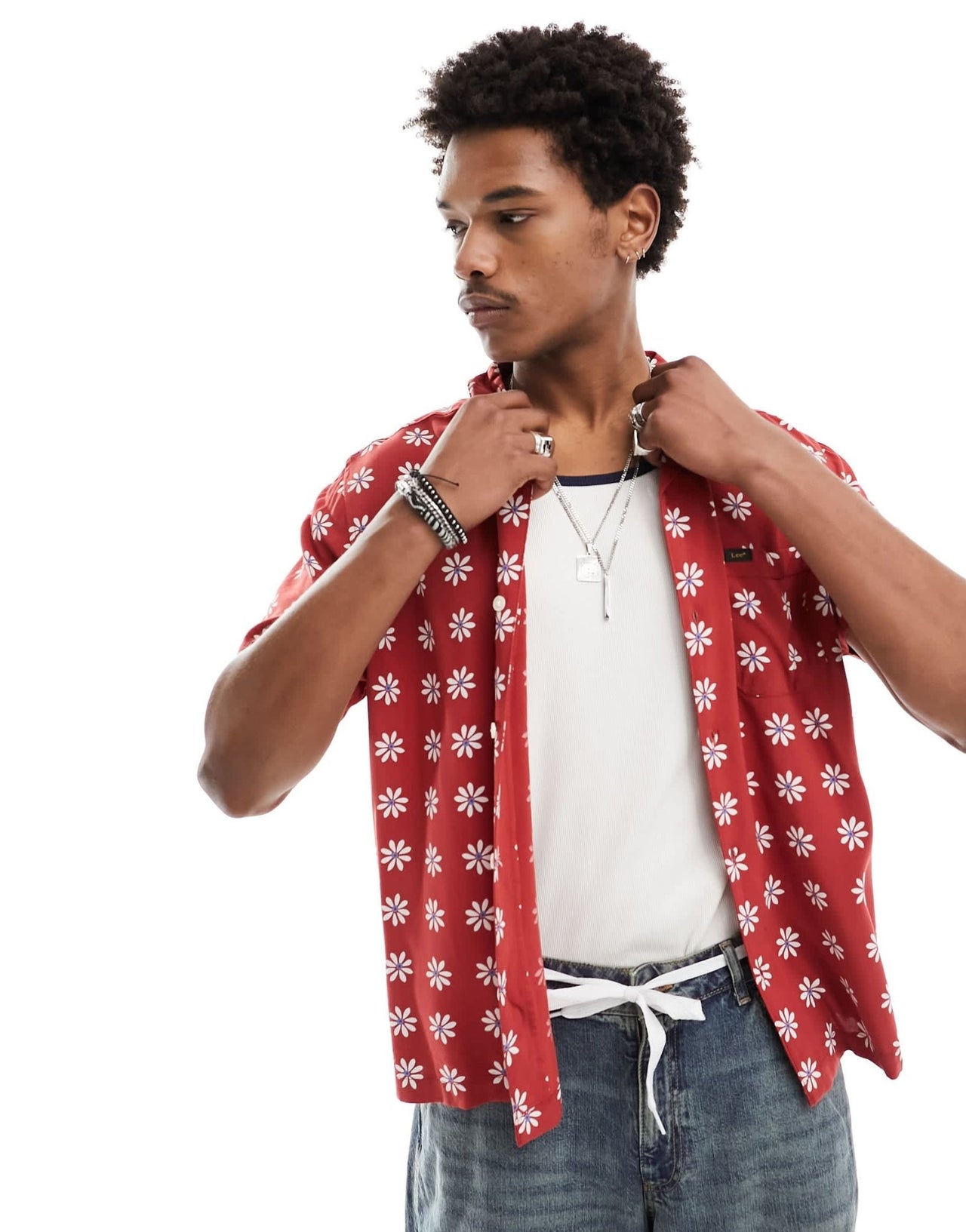 Lee short sleeve revere collar daisy print resort shirt relaxed fit in dark red - ASOS Sample Sale EU Store