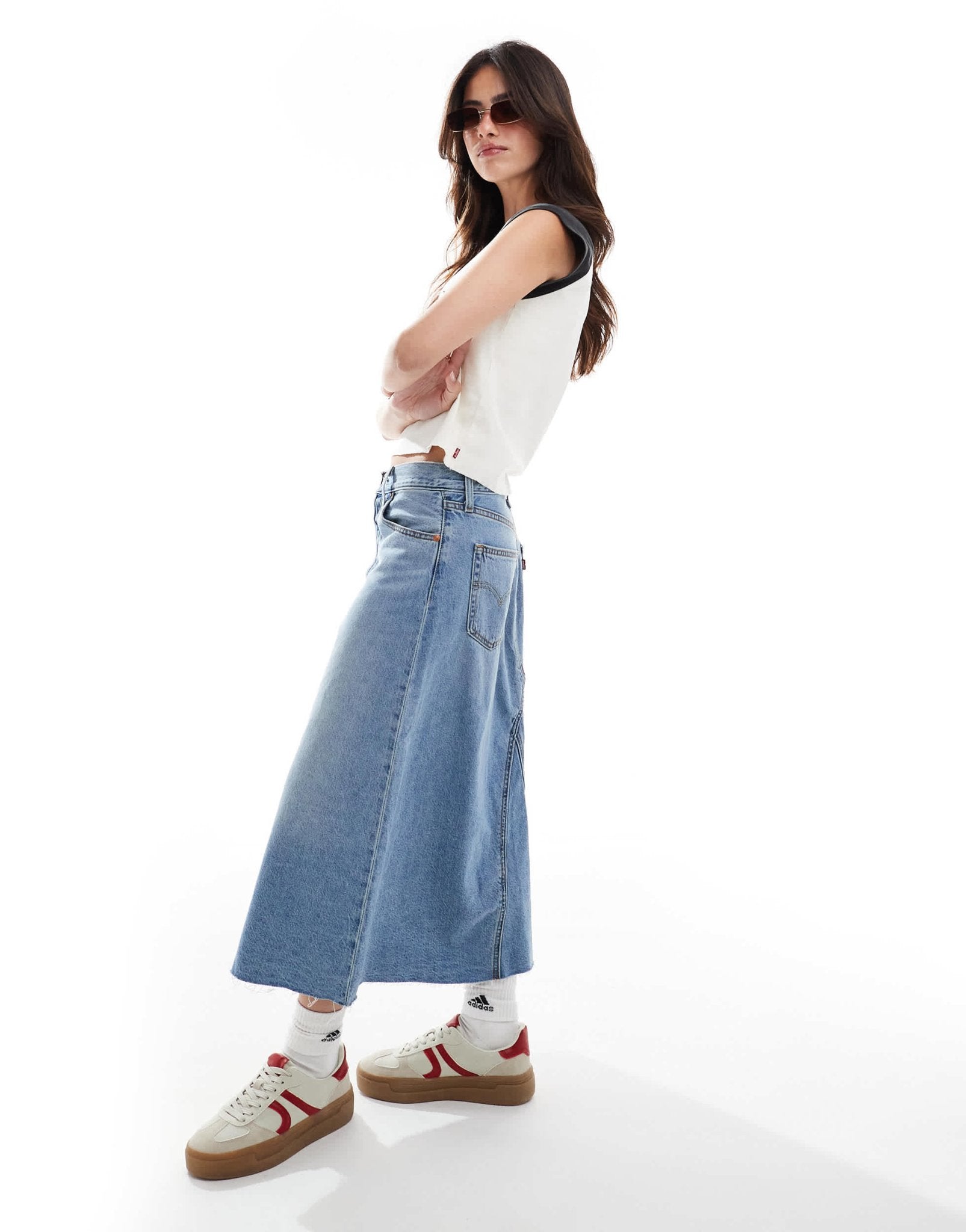 Levi's high rise a line deconstructed long denim skirt in mid blue - ASOS Sample Sale EU Store