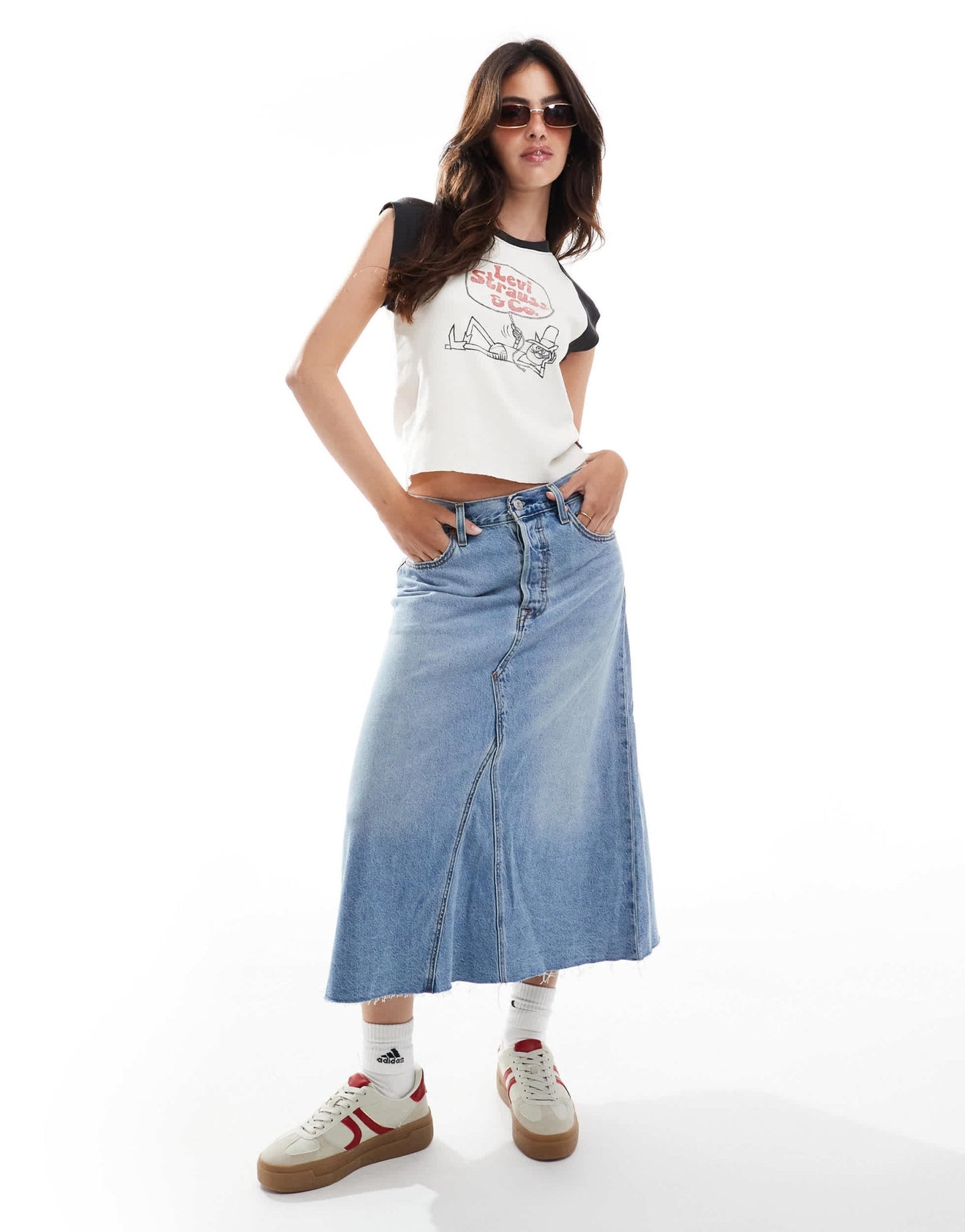 Levi's high rise a line deconstructed long denim skirt in mid blue - ASOS Sample Sale EU Store