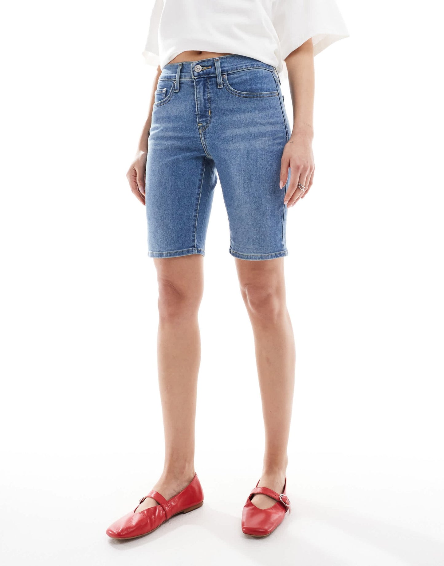 Levi's high waisted bermuda denim shorts in mid blue - ASOS Sample Sale EU Store