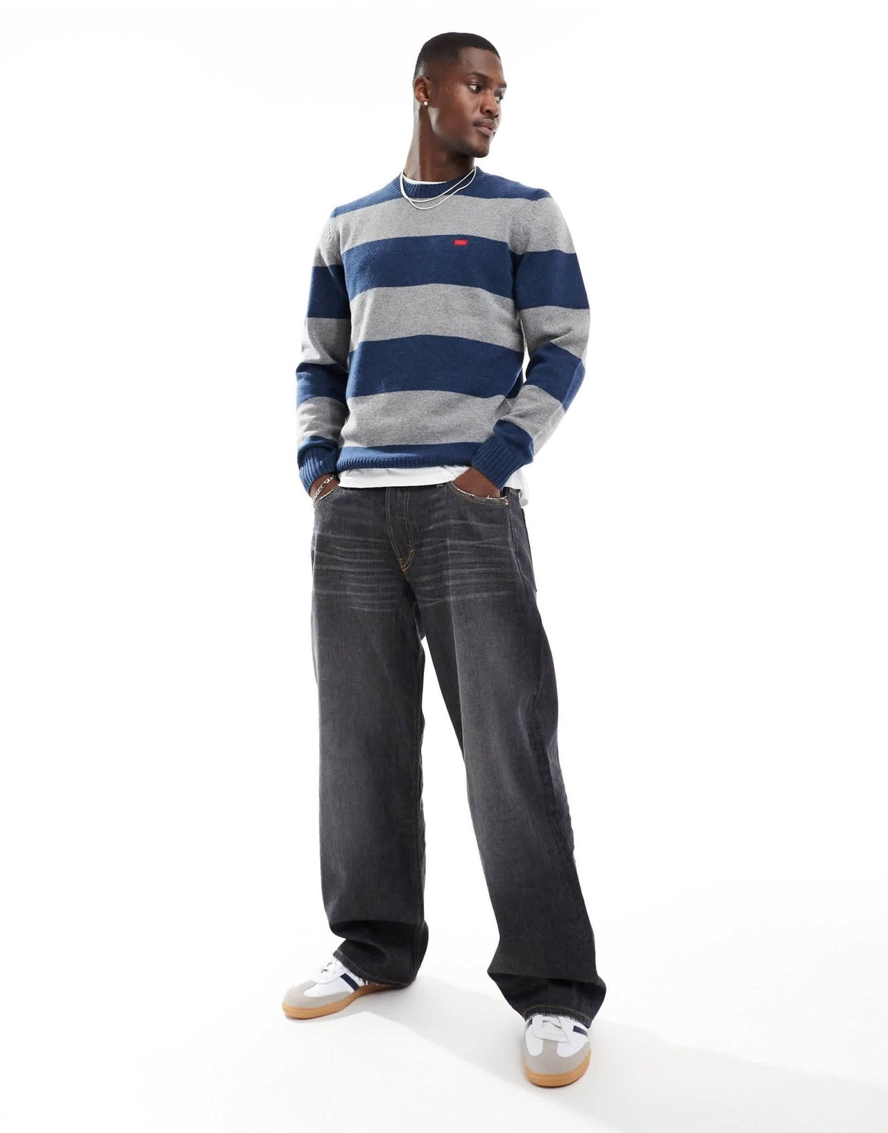 Levi's original batwing logo block stripe knit jumper in navy/grey - ASOS Sample Sale EU Store