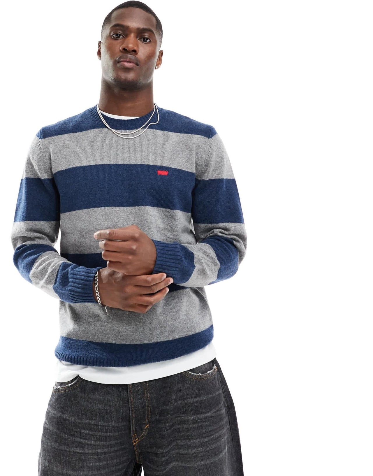 Levi's original batwing logo block stripe knit jumper in navy/grey - ASOS Sample Sale EU Store