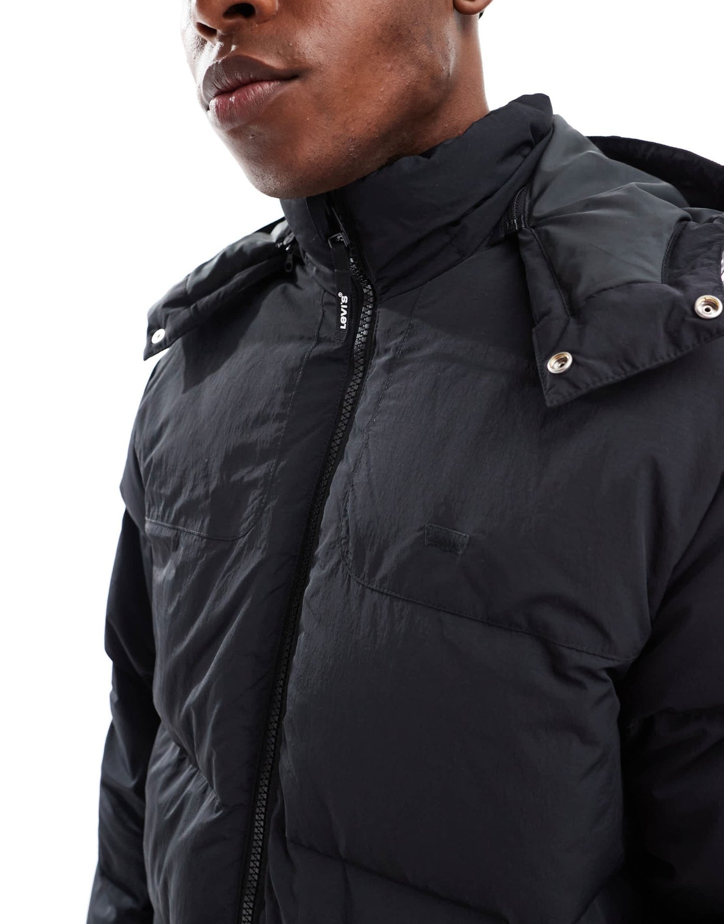 Levi's Rockridge crinkle nylon short hooded down puffer jacket in black - ASOS Sample Sale EU Store