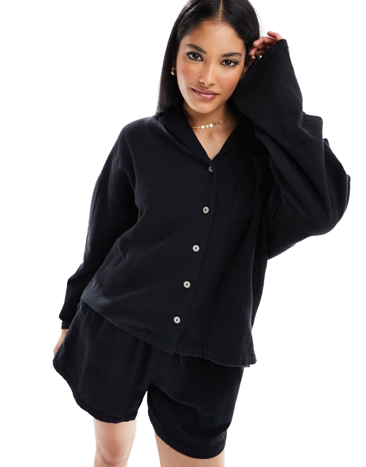 Lindex cotton gauze beach shirt & short co - ord in black - ASOS Sample Sale EU Store