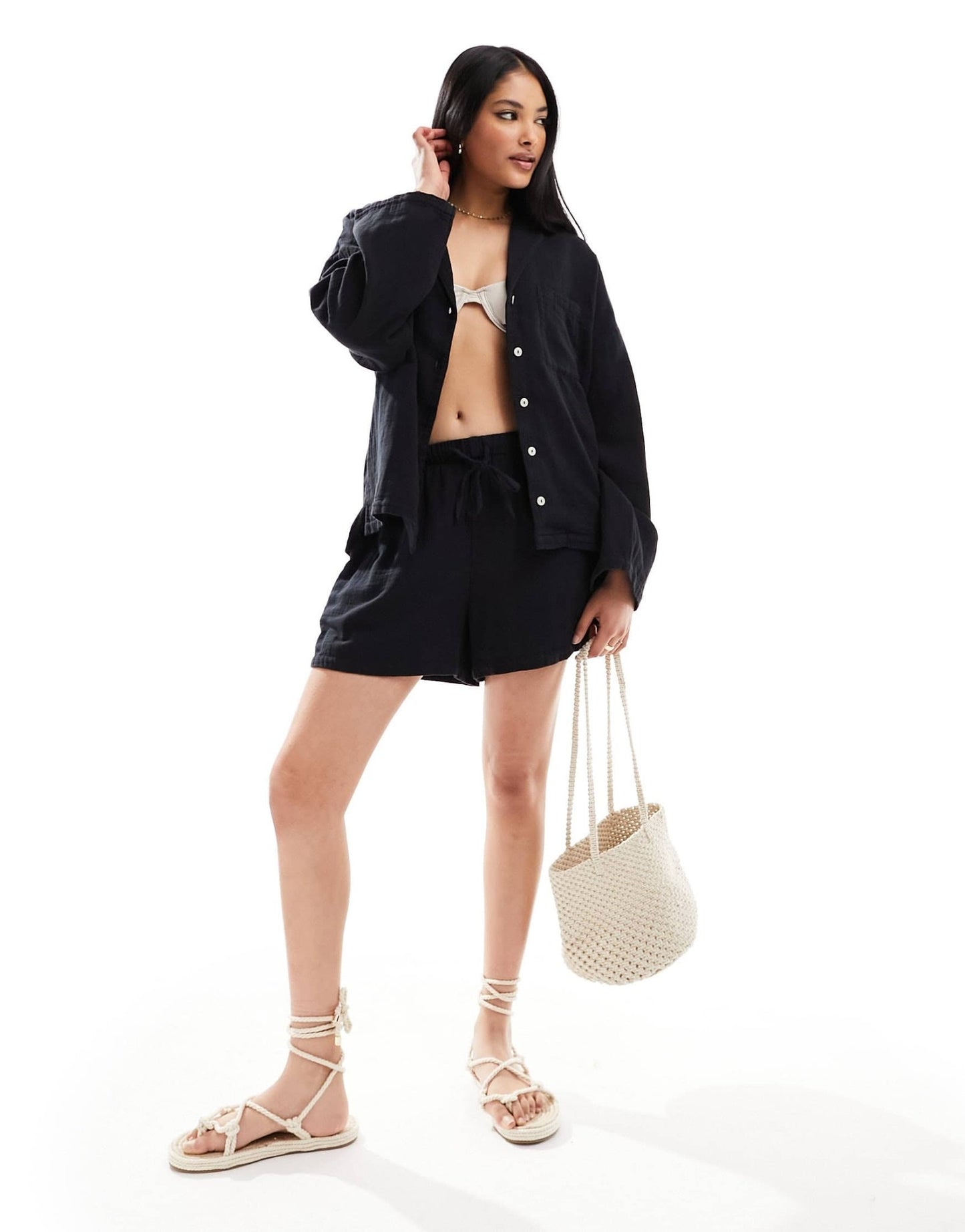 Lindex cotton gauze beach shirt & short co - ord in black - ASOS Sample Sale EU Store