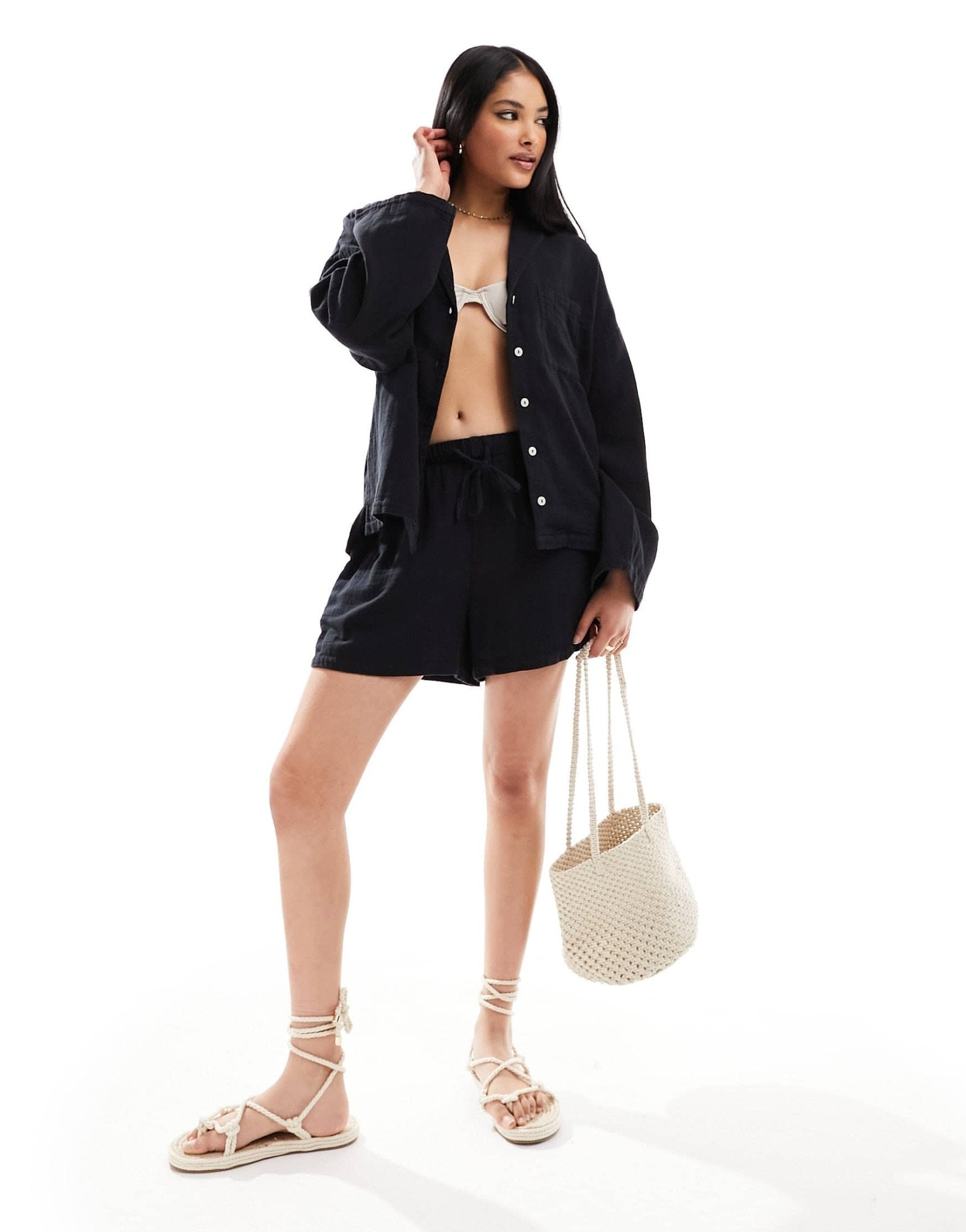 Lindex cotton gauze beach shirt & short co - ord in black - ASOS Sample Sale EU Store