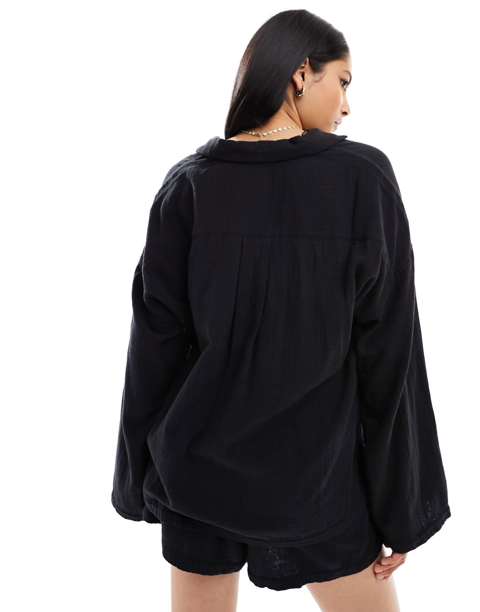 Lindex cotton gauze beach shirt & short co - ord in black - ASOS Sample Sale EU Store