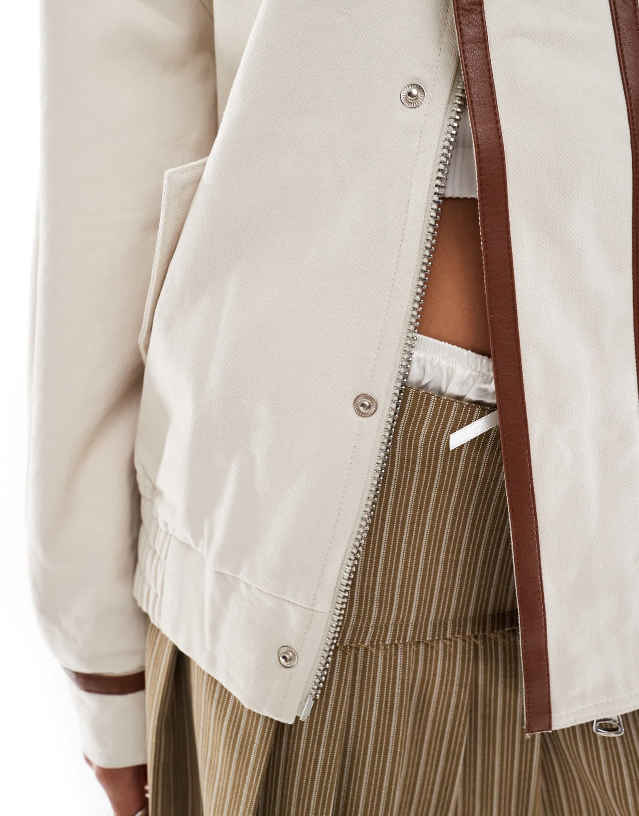 Lioness collar detail bomber jacket with leather look trim in beige - ASOS Sample Sale EU Store