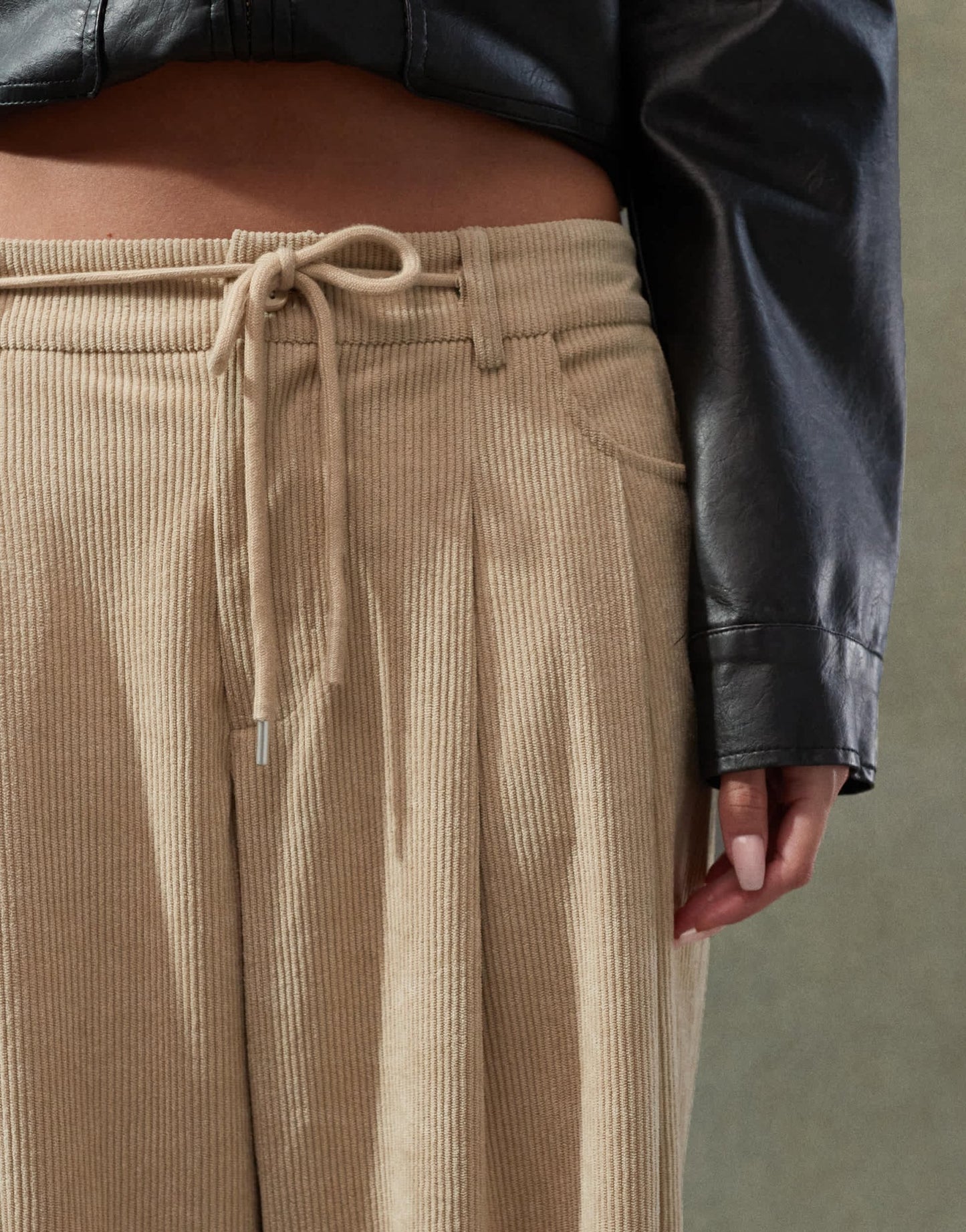 Lioness corduroy slouchy low rise tie detail wide leg trousers in beige - ASOS Sample Sale EU Store