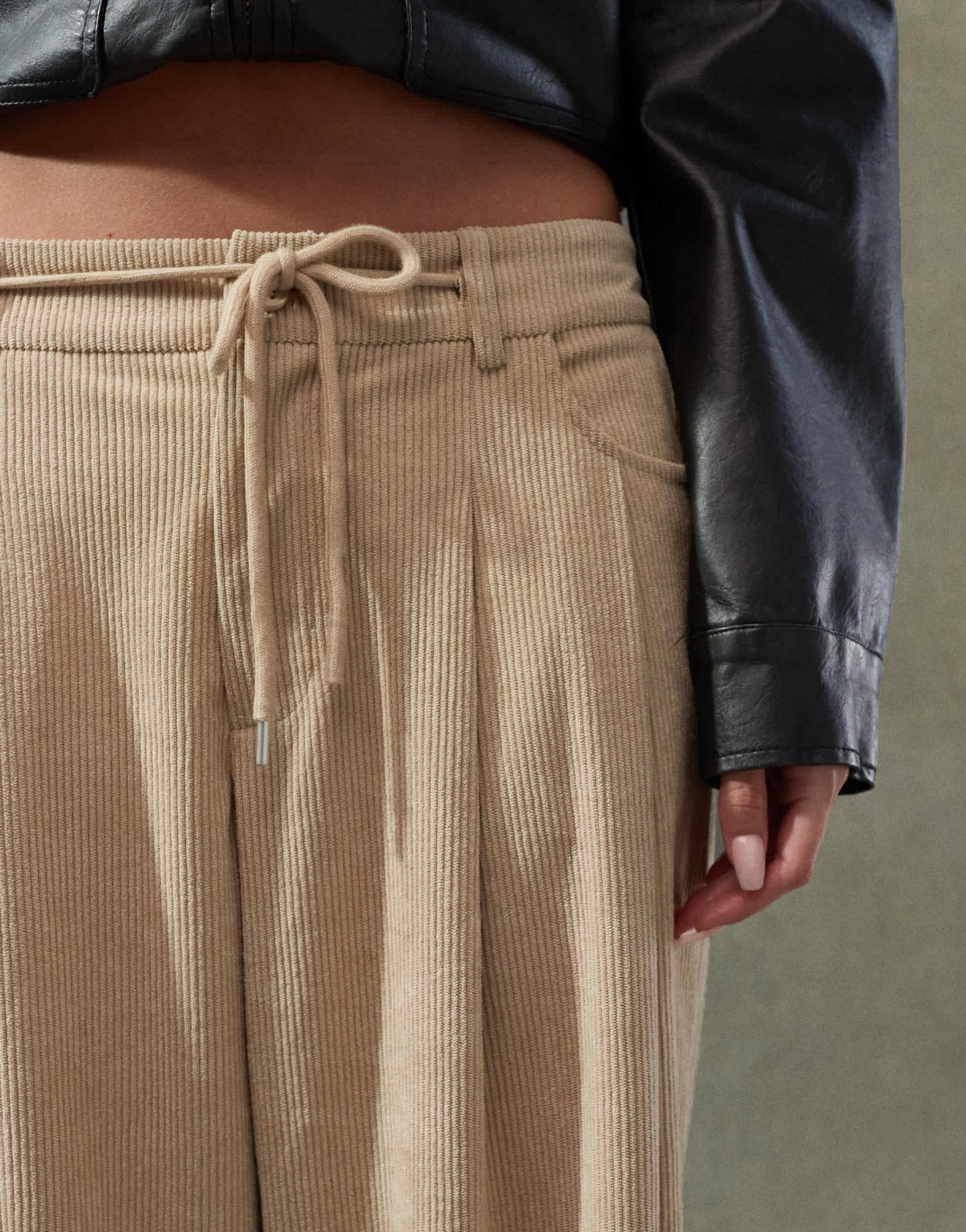 Lioness corduroy slouchy low rise tie detail wide leg trousers in beige - ASOS Sample Sale EU Store
