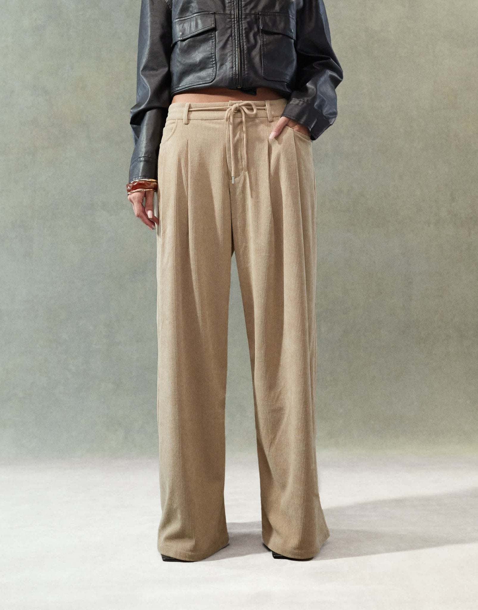Lioness corduroy slouchy low rise tie detail wide leg trousers in beige - ASOS Sample Sale EU Store