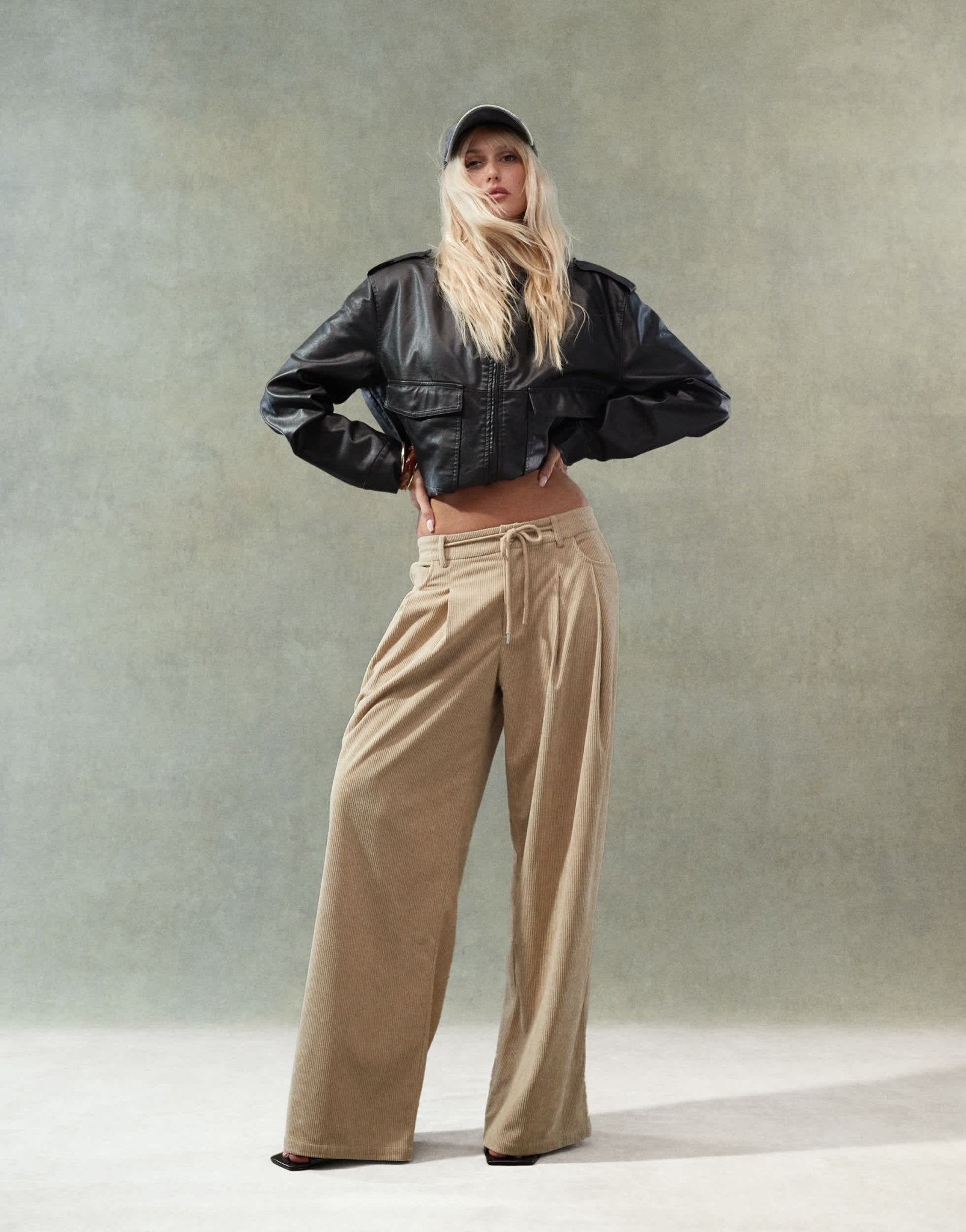 Lioness corduroy slouchy low rise tie detail wide leg trousers in beige - ASOS Sample Sale EU Store