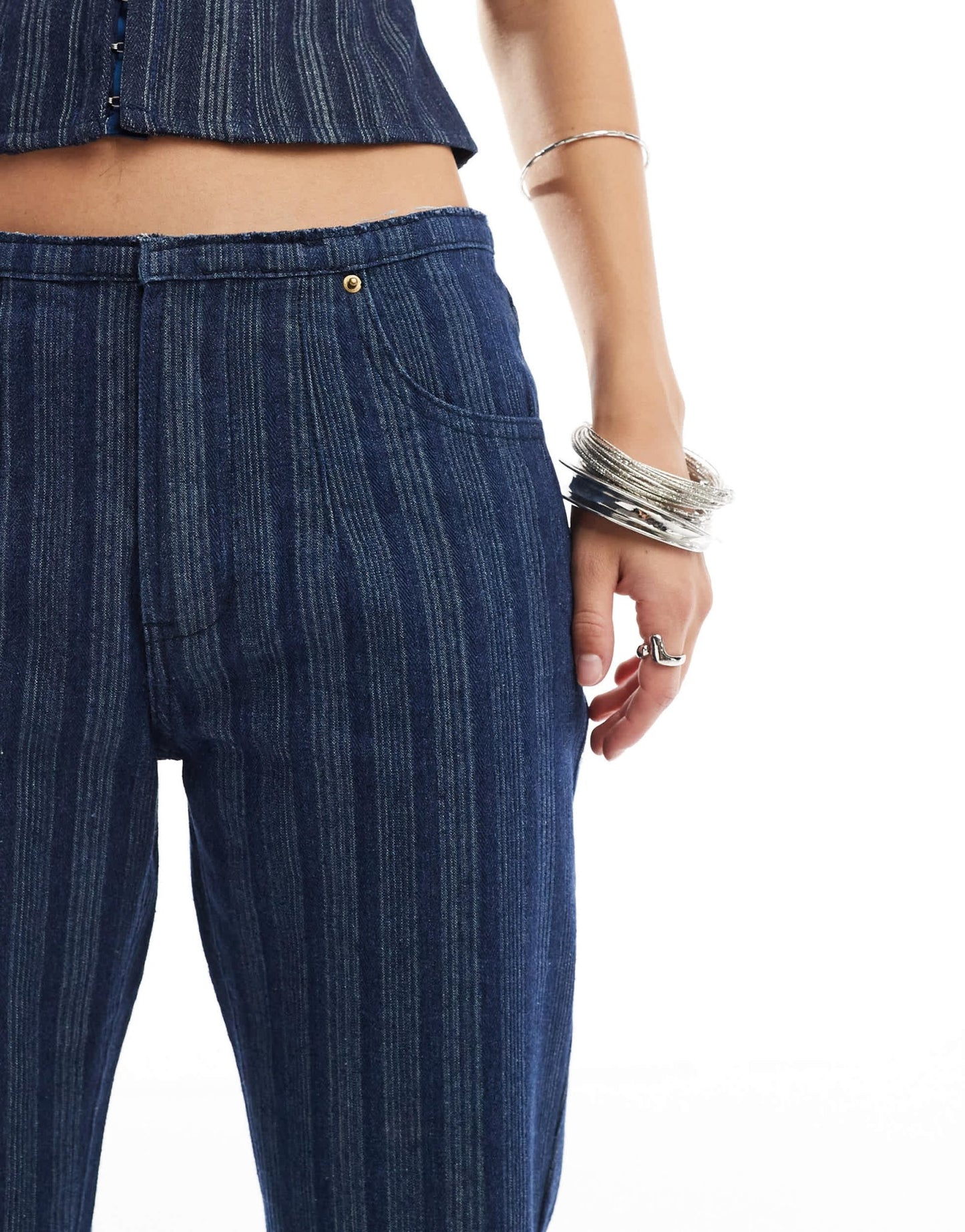 Lioness denim low rise flared leg jeans co - ord in dark blue pinstripe - ASOS Sample Sale EU Store