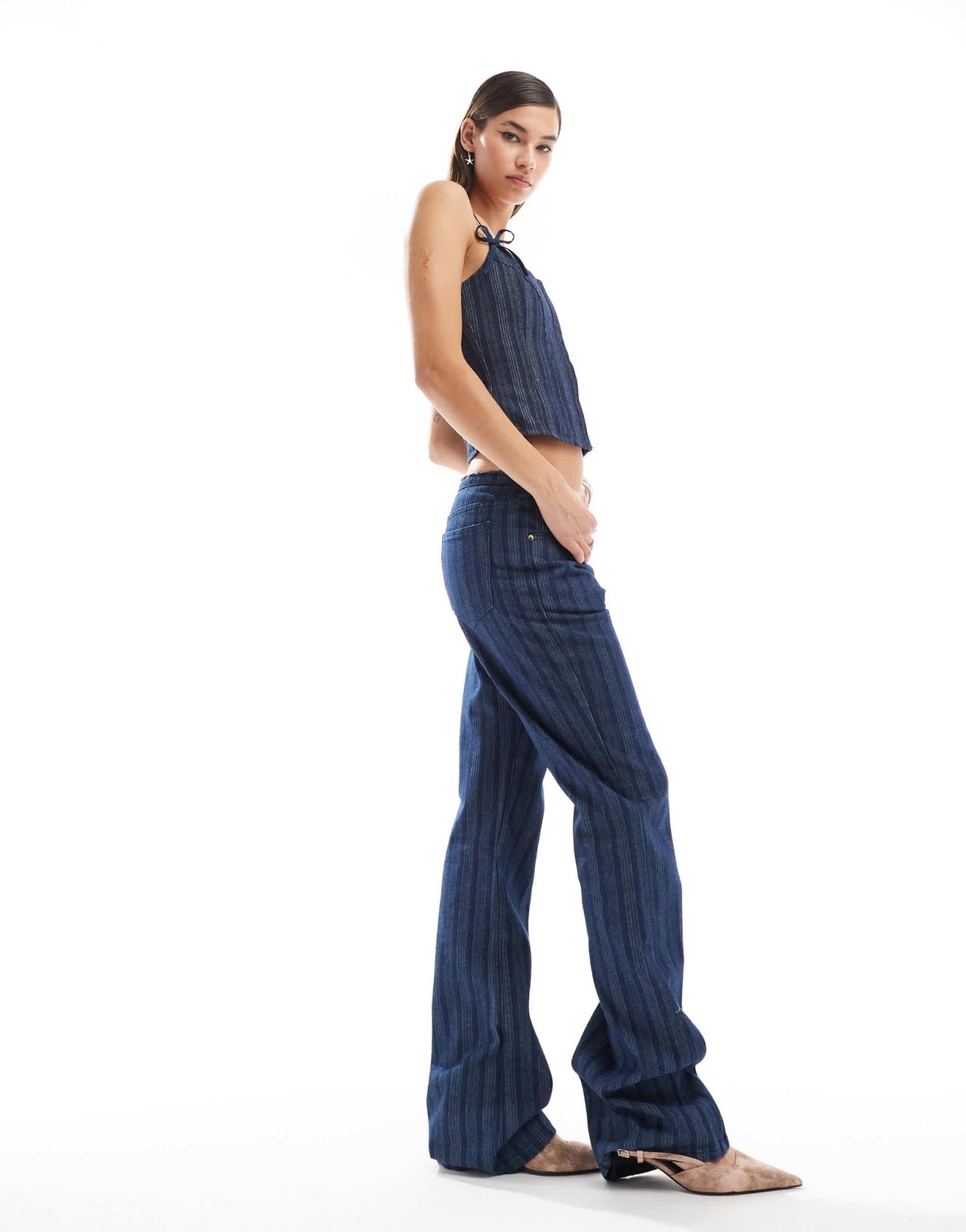 Lioness denim low rise flared leg jeans co - ord in dark blue pinstripe - ASOS Sample Sale EU Store