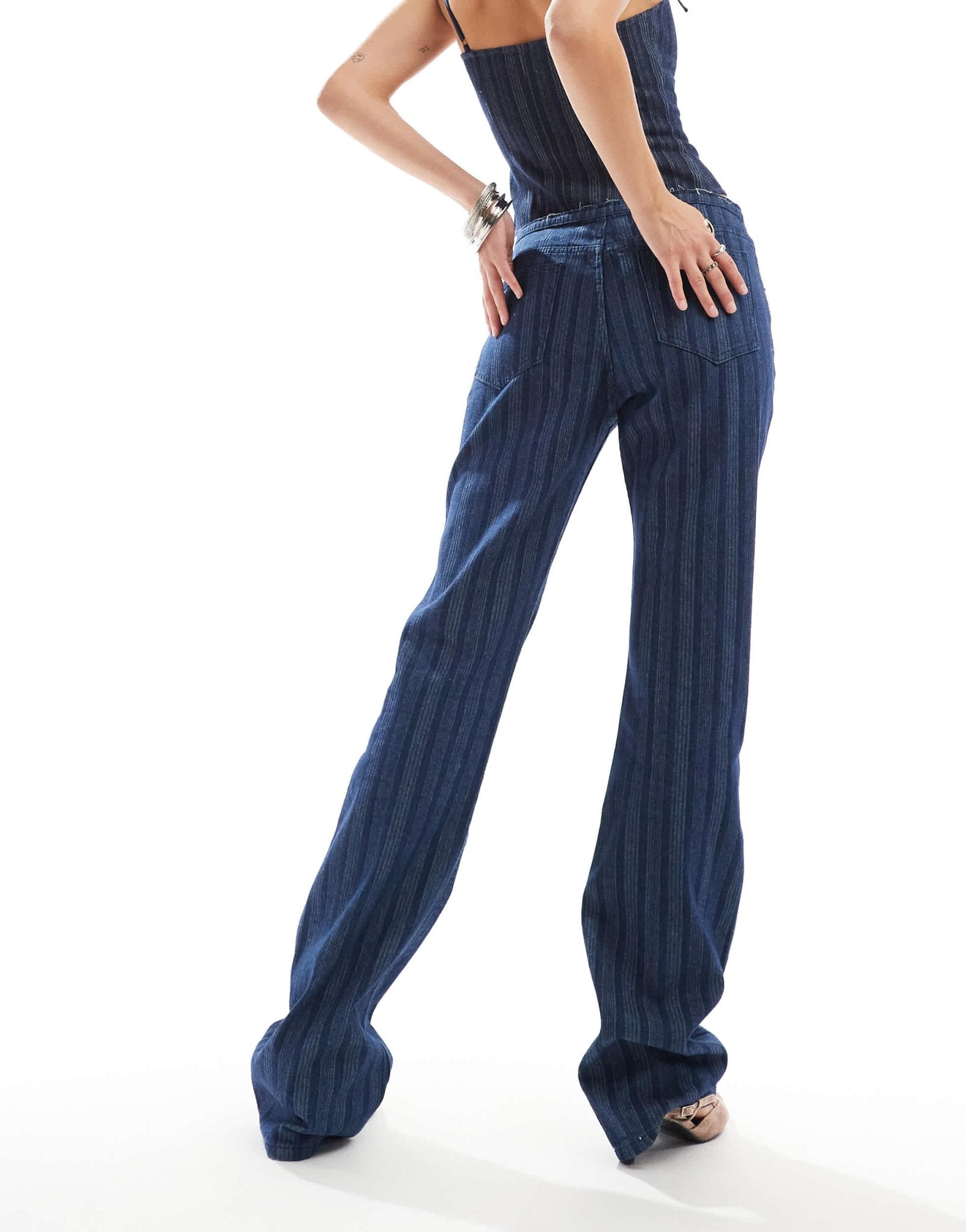 Lioness denim low rise flared leg jeans co - ord in dark blue pinstripe - ASOS Sample Sale EU Store