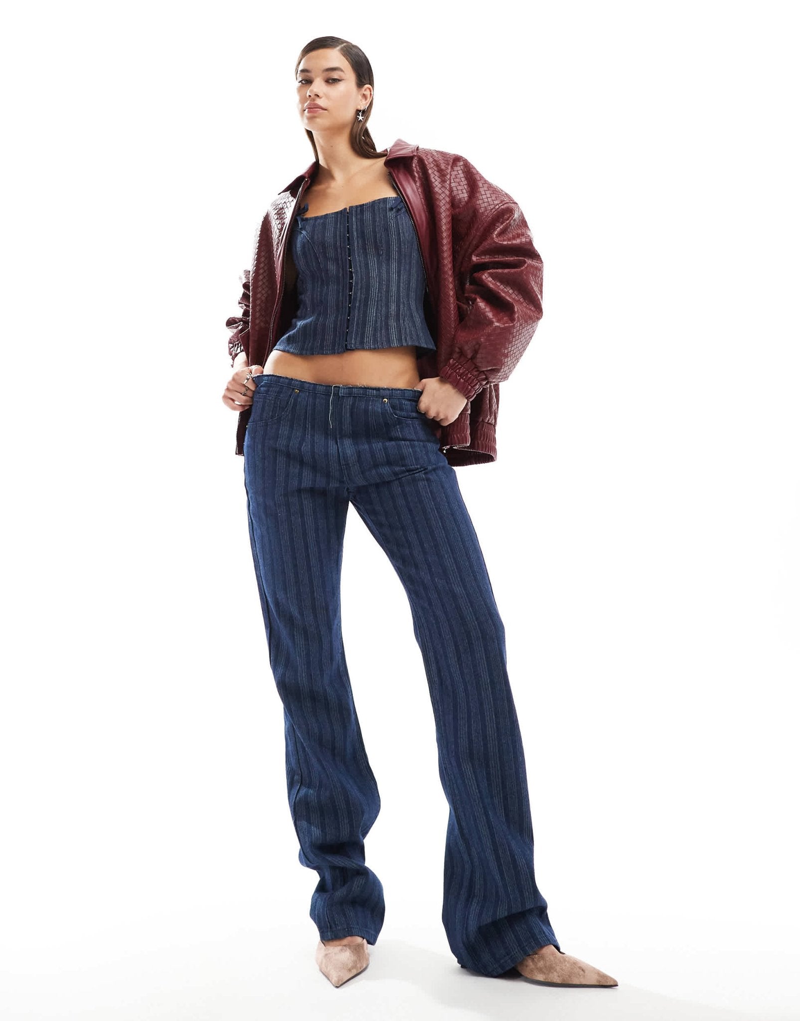 Lioness denim low rise flared leg jeans co - ord in dark blue pinstripe - ASOS Sample Sale EU Store