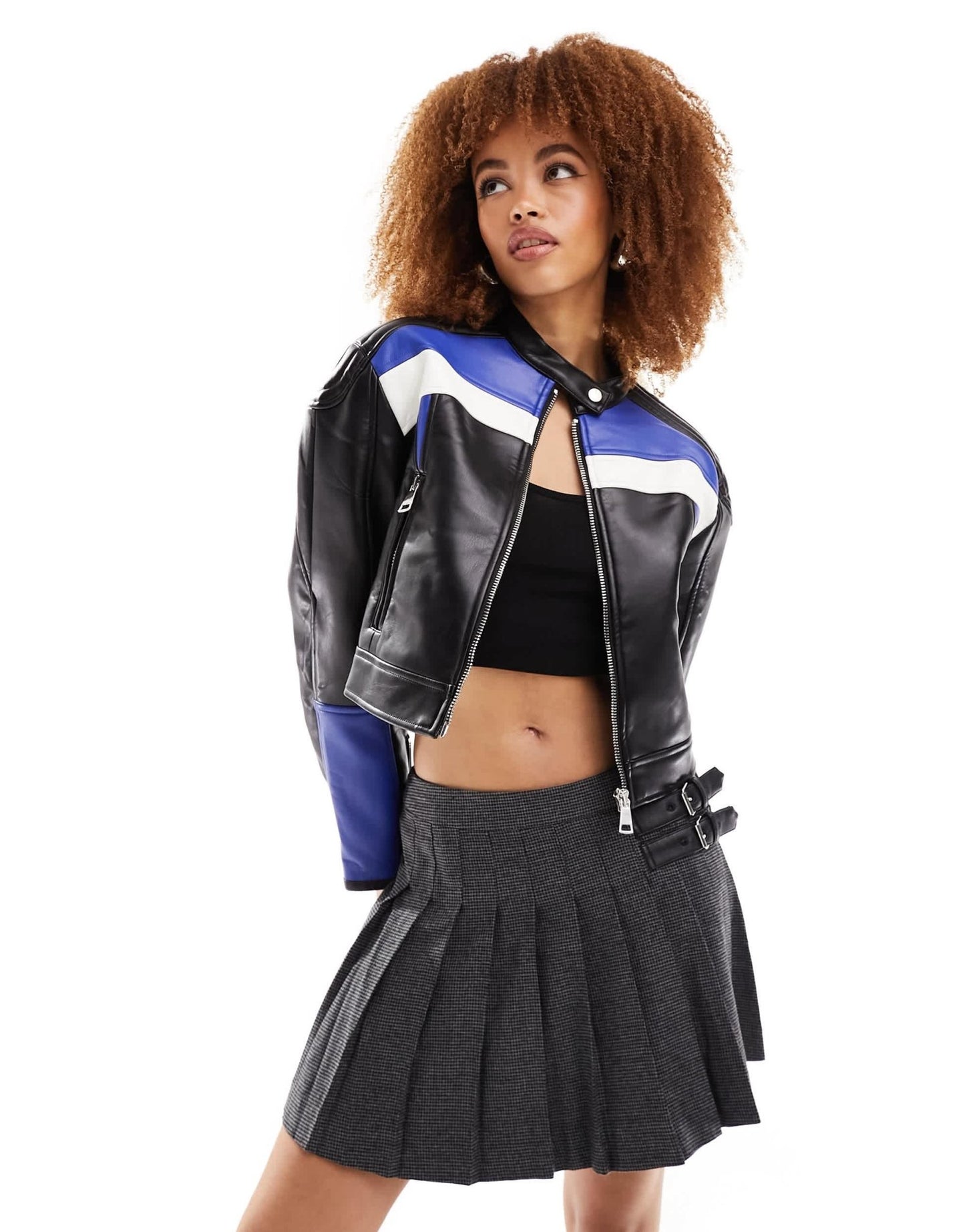 Lioness leather look biker jacket in black and blue stripe - ASOS Sample Sale EU Store
