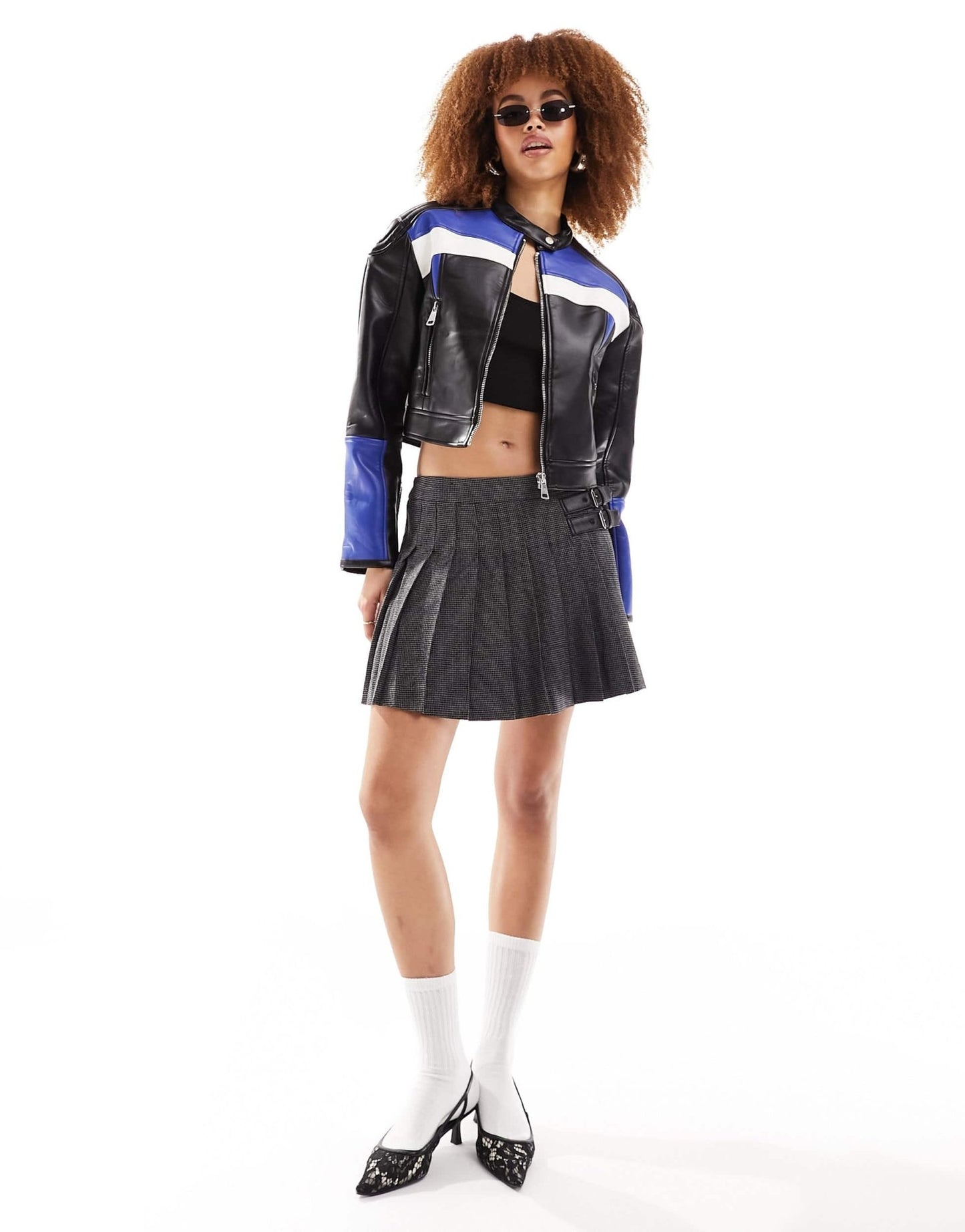 Lioness leather look biker jacket in black and blue stripe - ASOS Sample Sale EU Store
