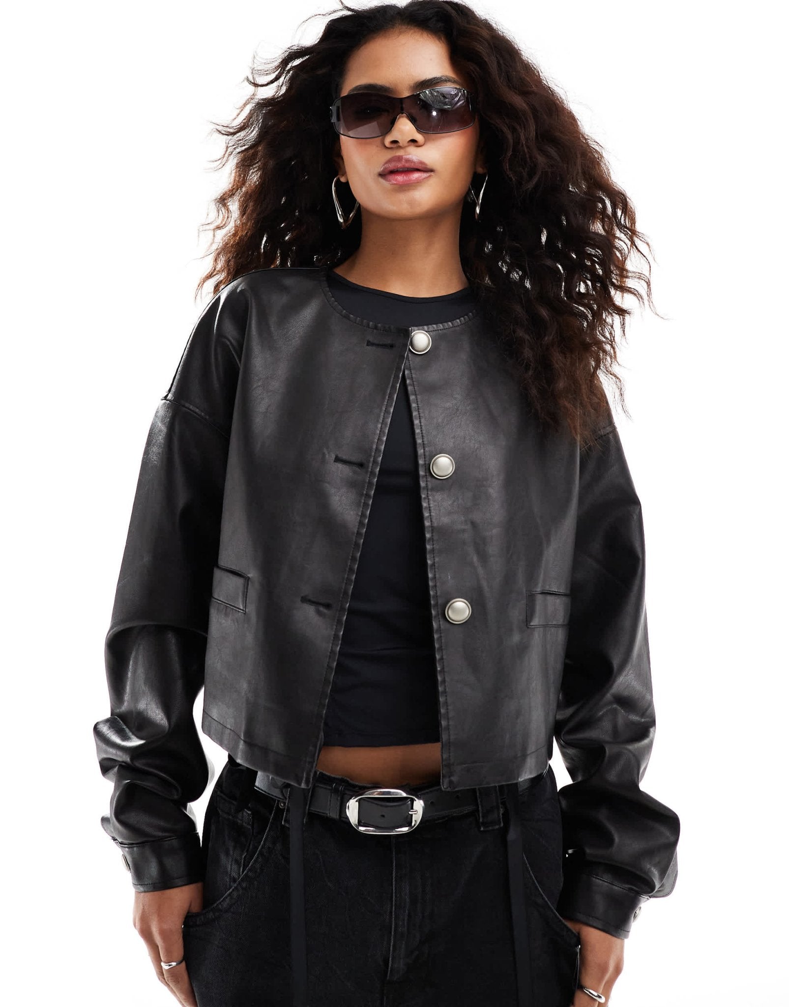 Lioness leather look collarless bomber jacket in black - ASOS Sample Sale EU Store
