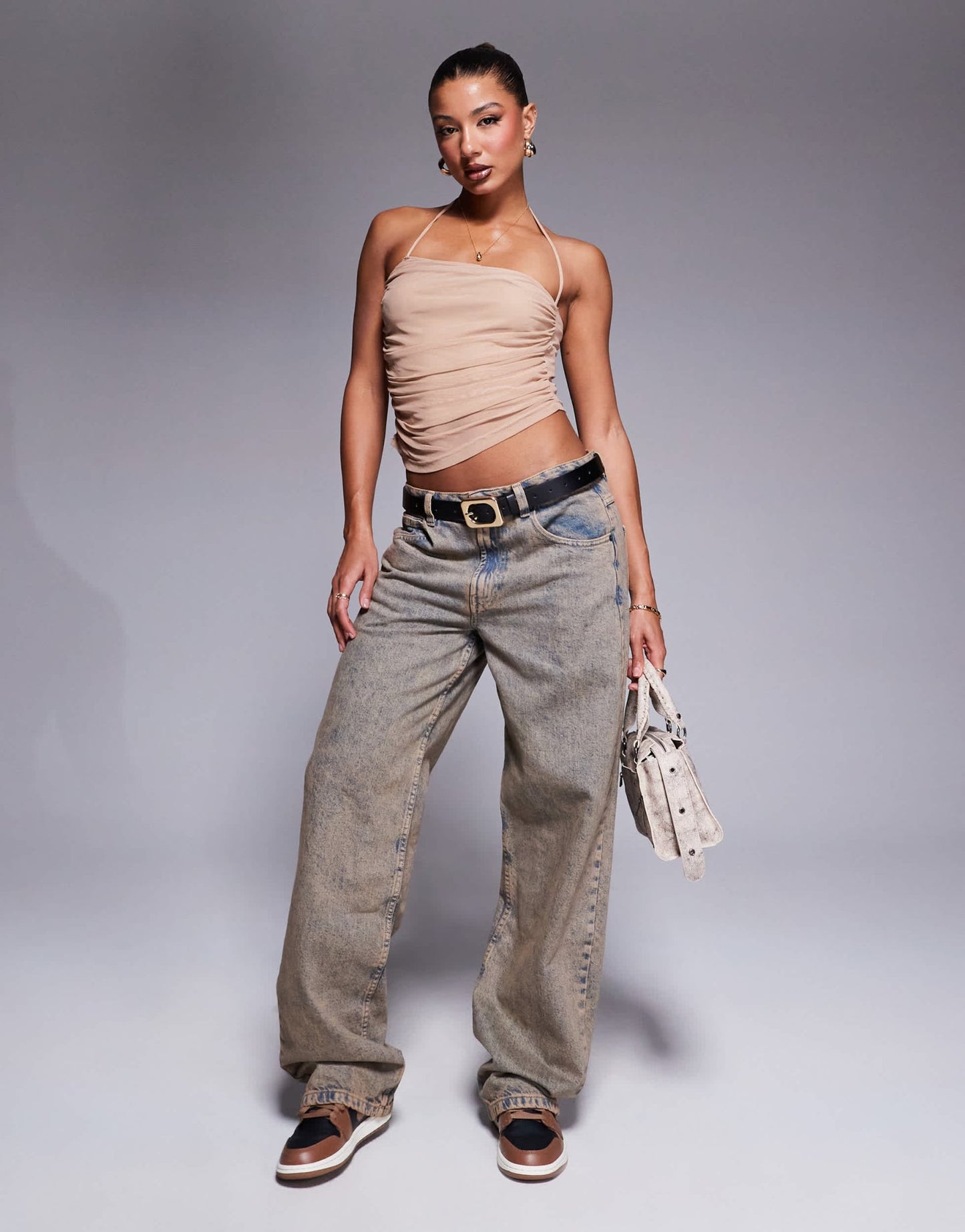Liquor N Poker asymmetric ruched mesh top in camel - ASOS Sample Sale EU Store