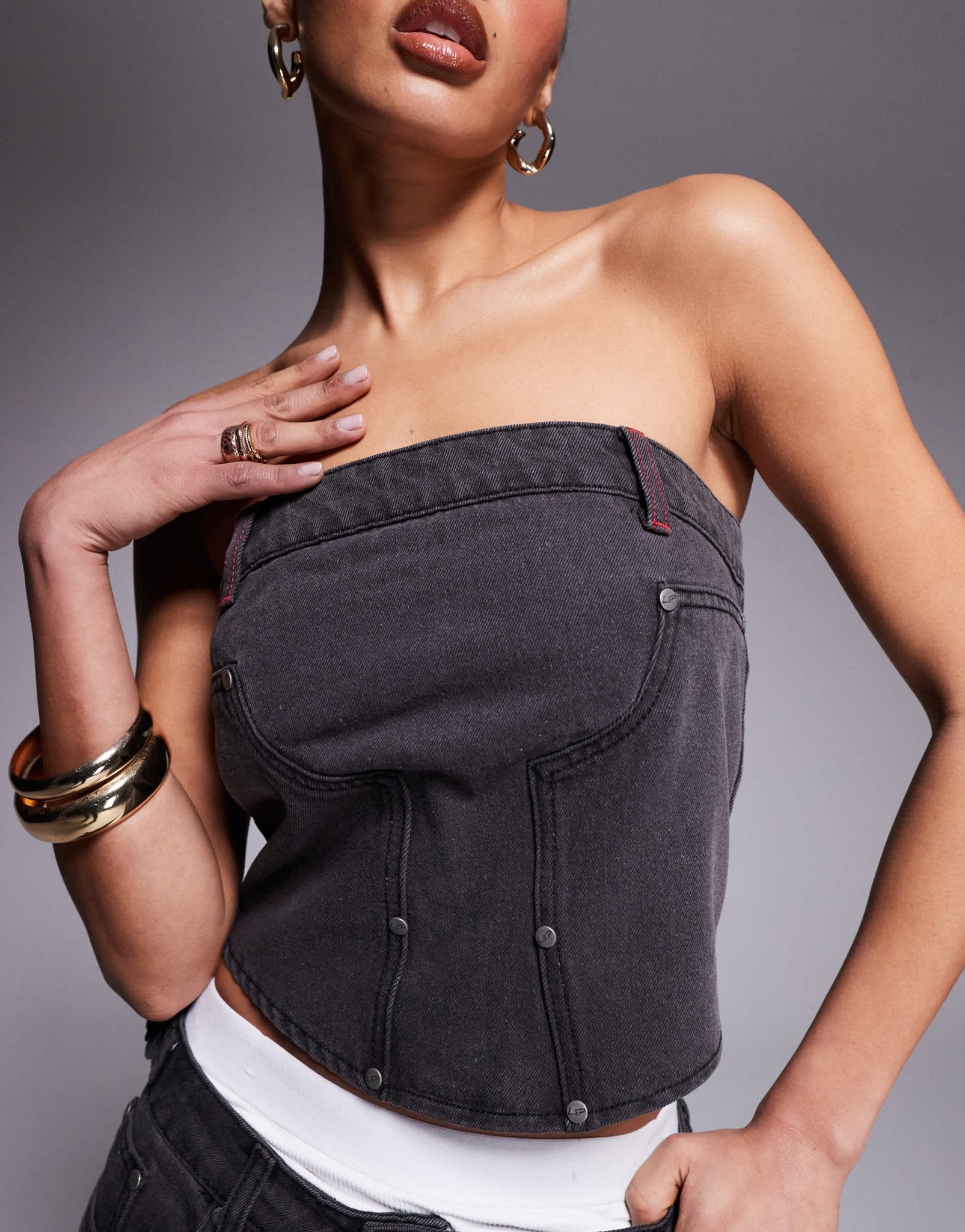 Liquor N Poker denim bandeau utility corset in dirty black wash - ASOS Sample Sale EU Store