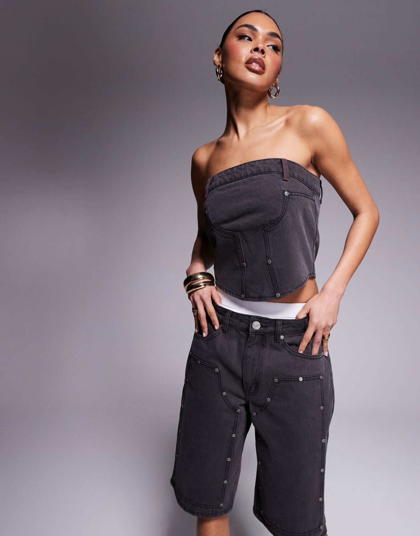 Liquor N Poker denim bandeau utility corset in dirty black wash - ASOS Sample Sale EU Store