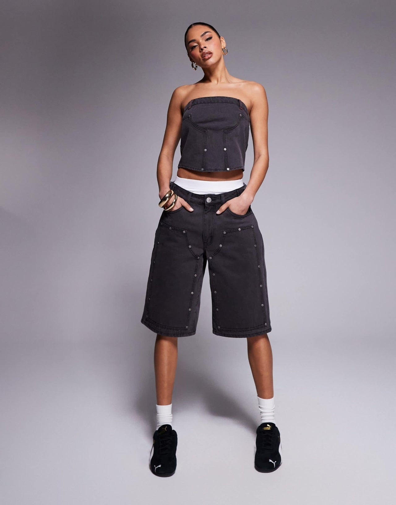 Liquor N Poker denim bandeau utility corset in dirty black wash - ASOS Sample Sale EU Store