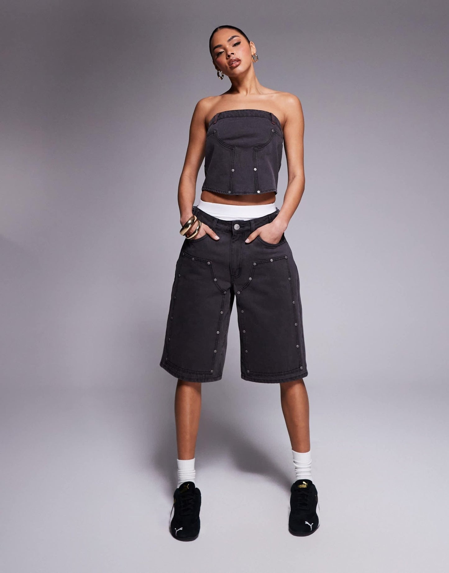 Liquor N Poker denim bandeau utility corset in dirty black wash - ASOS Sample Sale EU Store