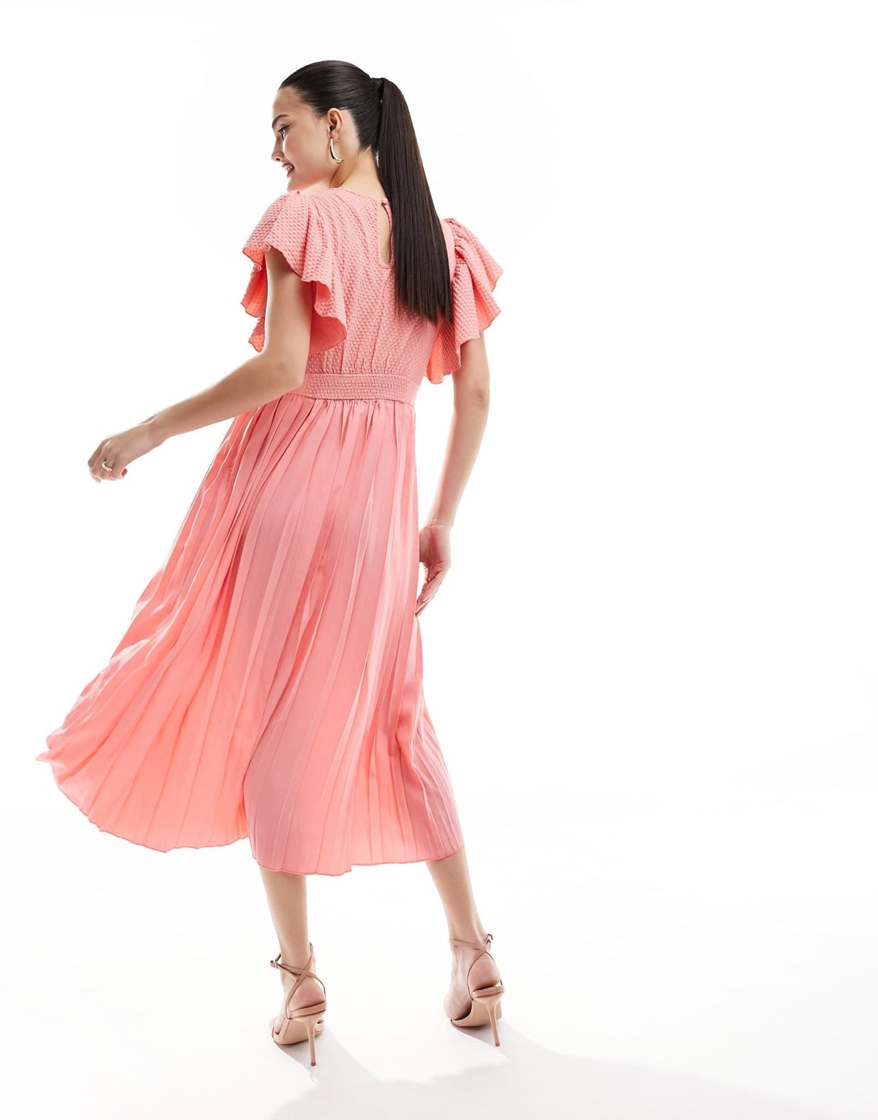 Little Mistress lace detail midaxi flutter sleeve dress in coral - ASOS Sample Sale EU Store