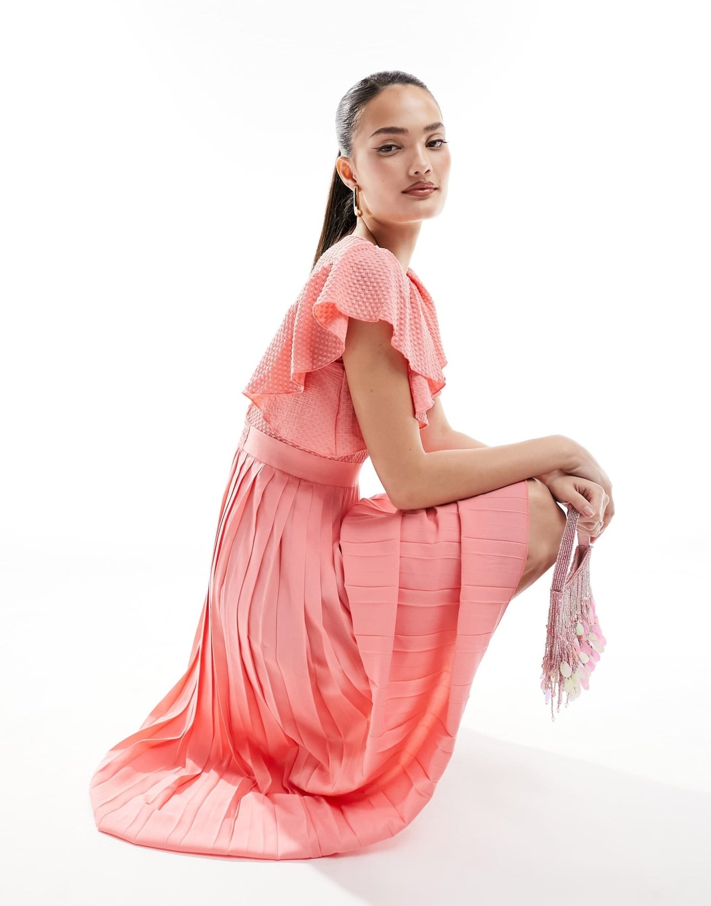 Little Mistress lace detail midaxi flutter sleeve dress in coral - ASOS Sample Sale EU Store