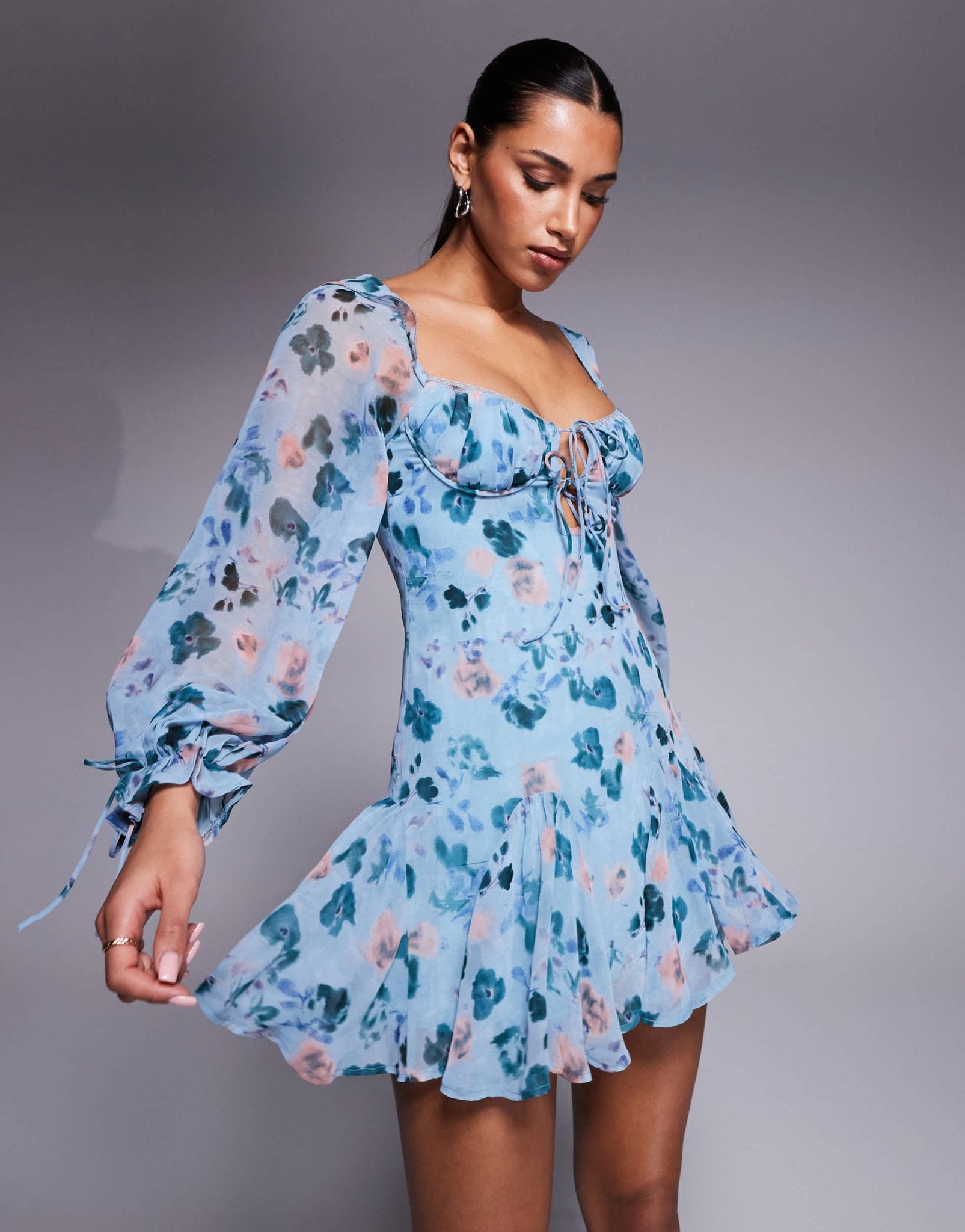 Love Triangle milkmaid mini dress with tie detail in blue floral - ASOS Sample Sale EU Store