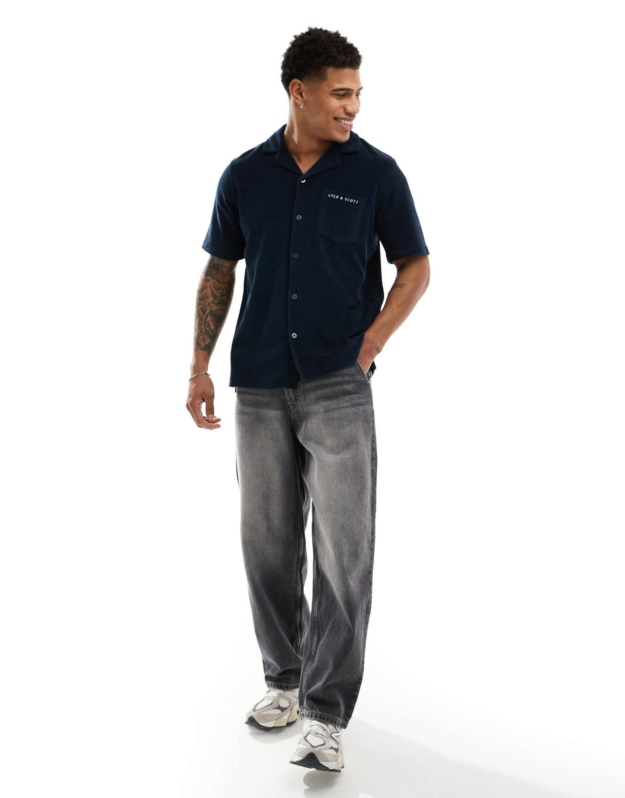 Lyle & Scott towelling short sleeve revere collar resort shirt in navy - ASOS Sample Sale EU Store