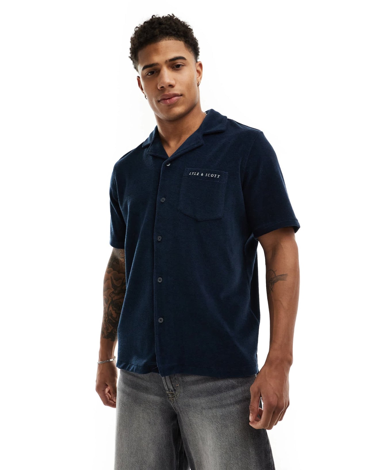 Lyle & Scott towelling short sleeve revere collar resort shirt in navy - ASOS Sample Sale EU Store