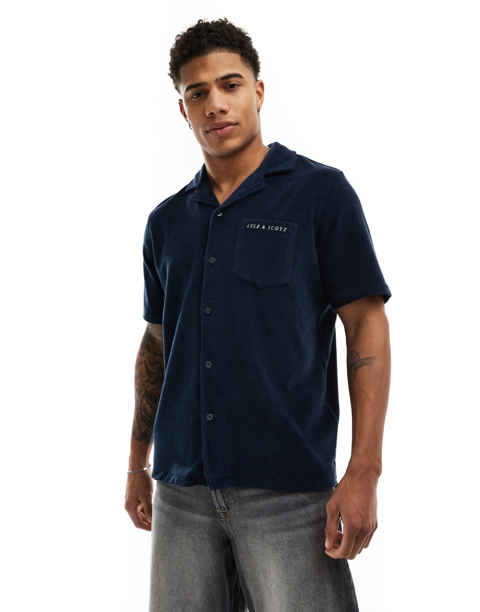 Lyle & Scott towelling short sleeve revere collar resort shirt in navy - ASOS Sample Sale EU Store