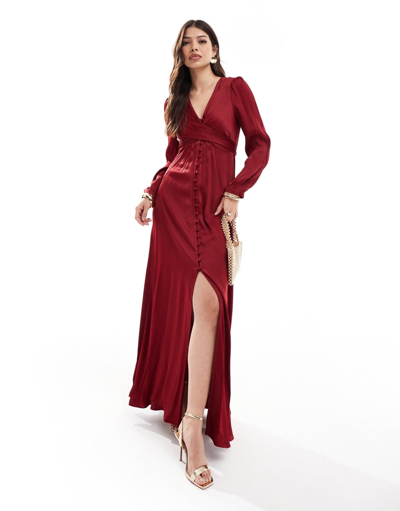 Maids to Measure Bridesmaid long sleeve button front maxi dress in burgundy - ASOS Sample Sale EU Store