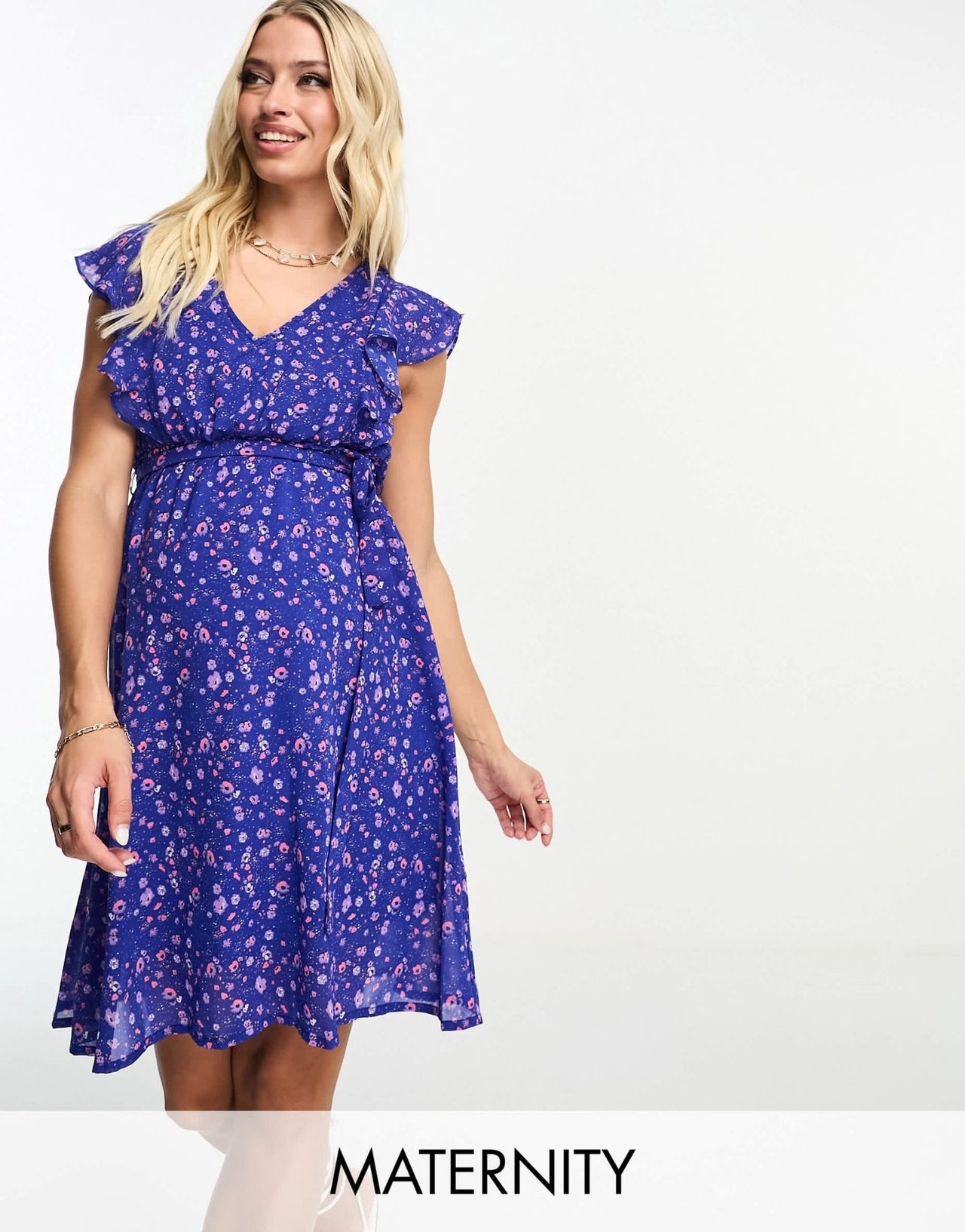 Mamalicious Maternity wrap dress with short sleeves in blue floral print - ASOS Sample Sale EU Store