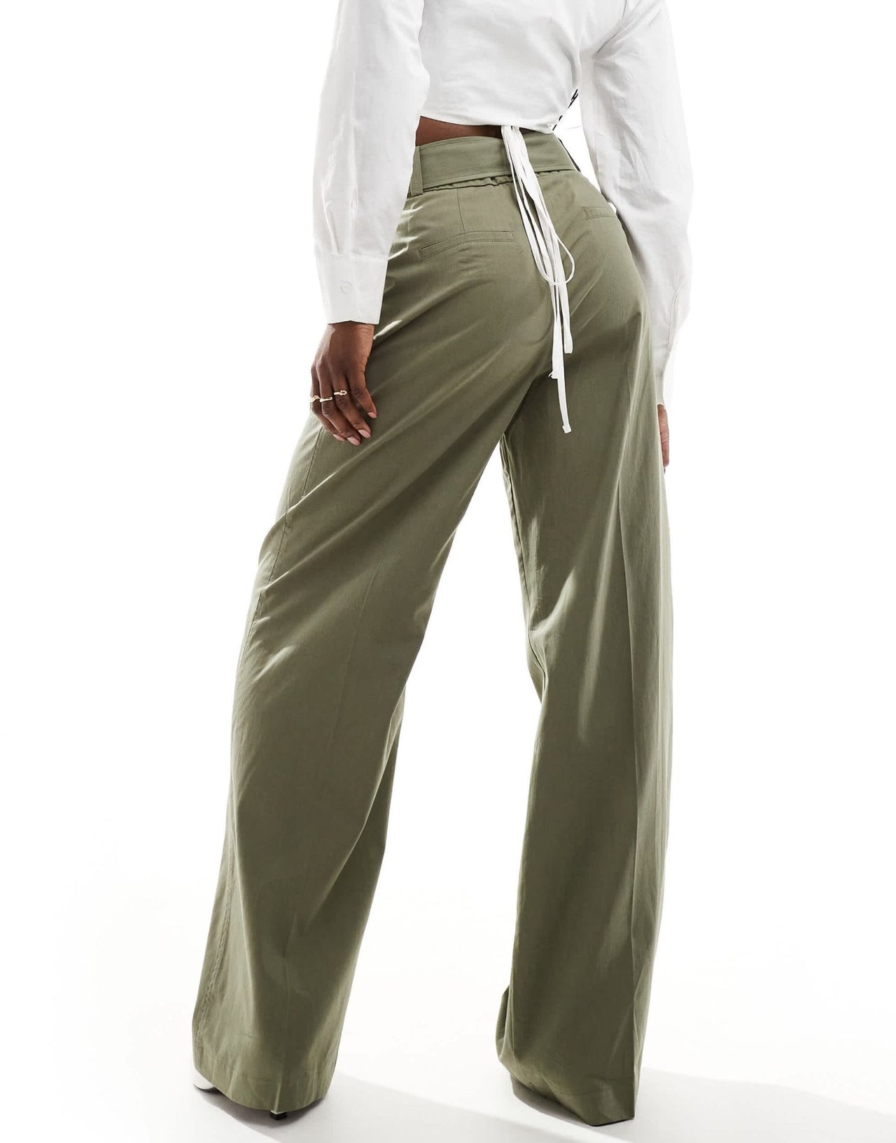 Mango buckle waist wide leg trouser in khaki - ASOS Sample Sale EU Store