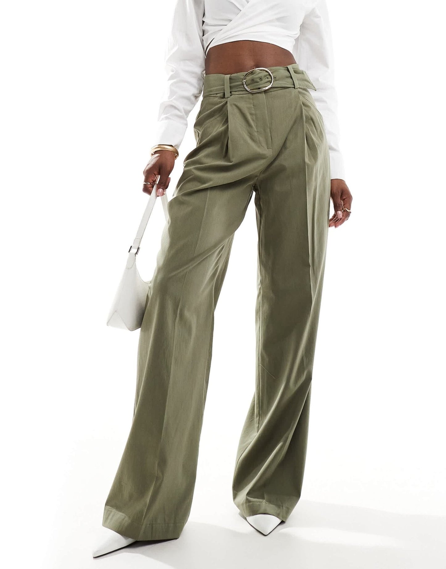 Mango buckle waist wide leg trouser in khaki - ASOS Sample Sale EU Store