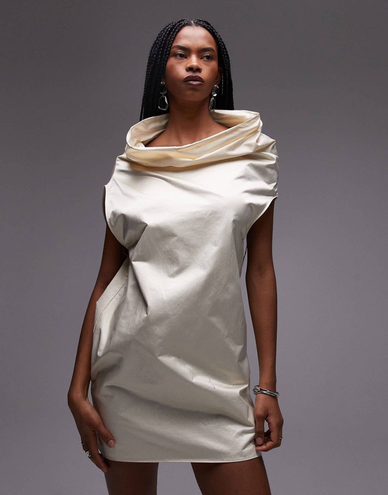 Mango capsule premium satin mini dress with ruched neck detail in oyster - ASOS Sample Sale EU Store